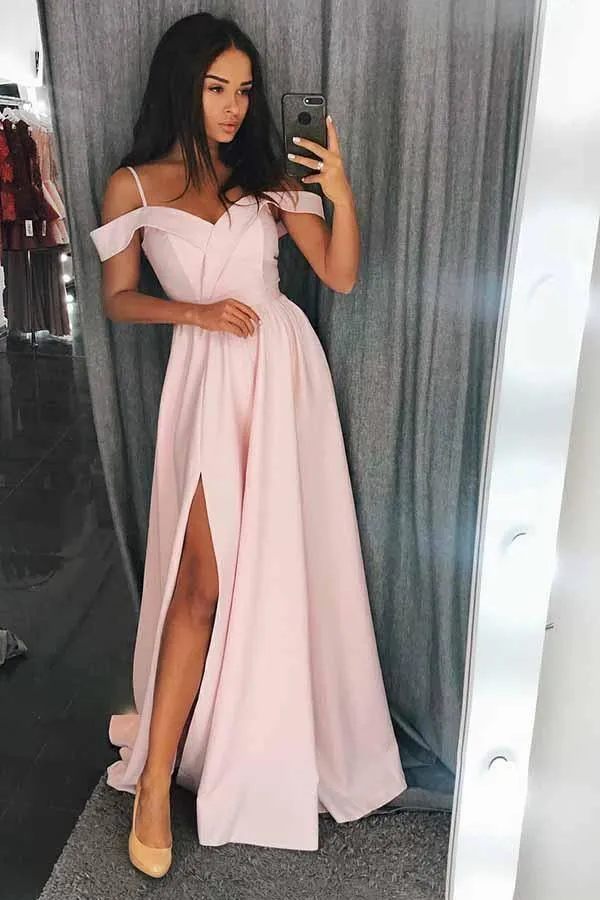 A-Line Cold Shoulder Red Satin Prom/Evening Dress with Split PG616