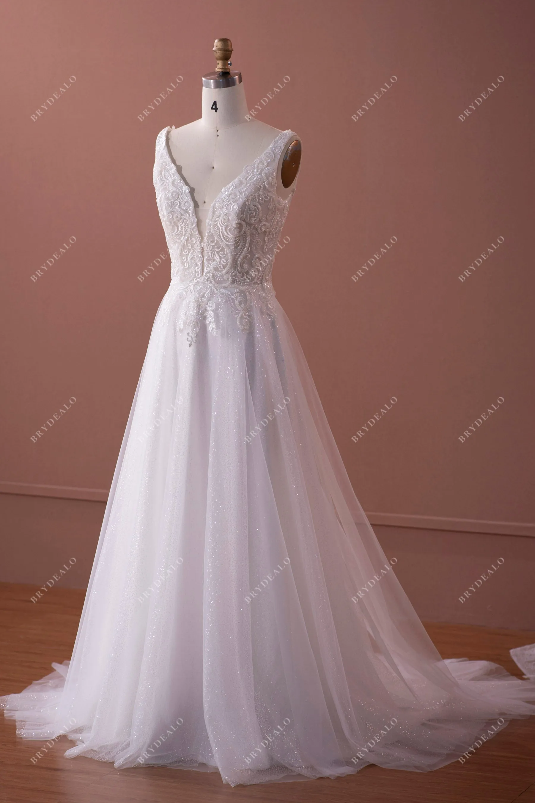 Beaded Lace Plunging Shimmery A-line Fall Wedding Dress