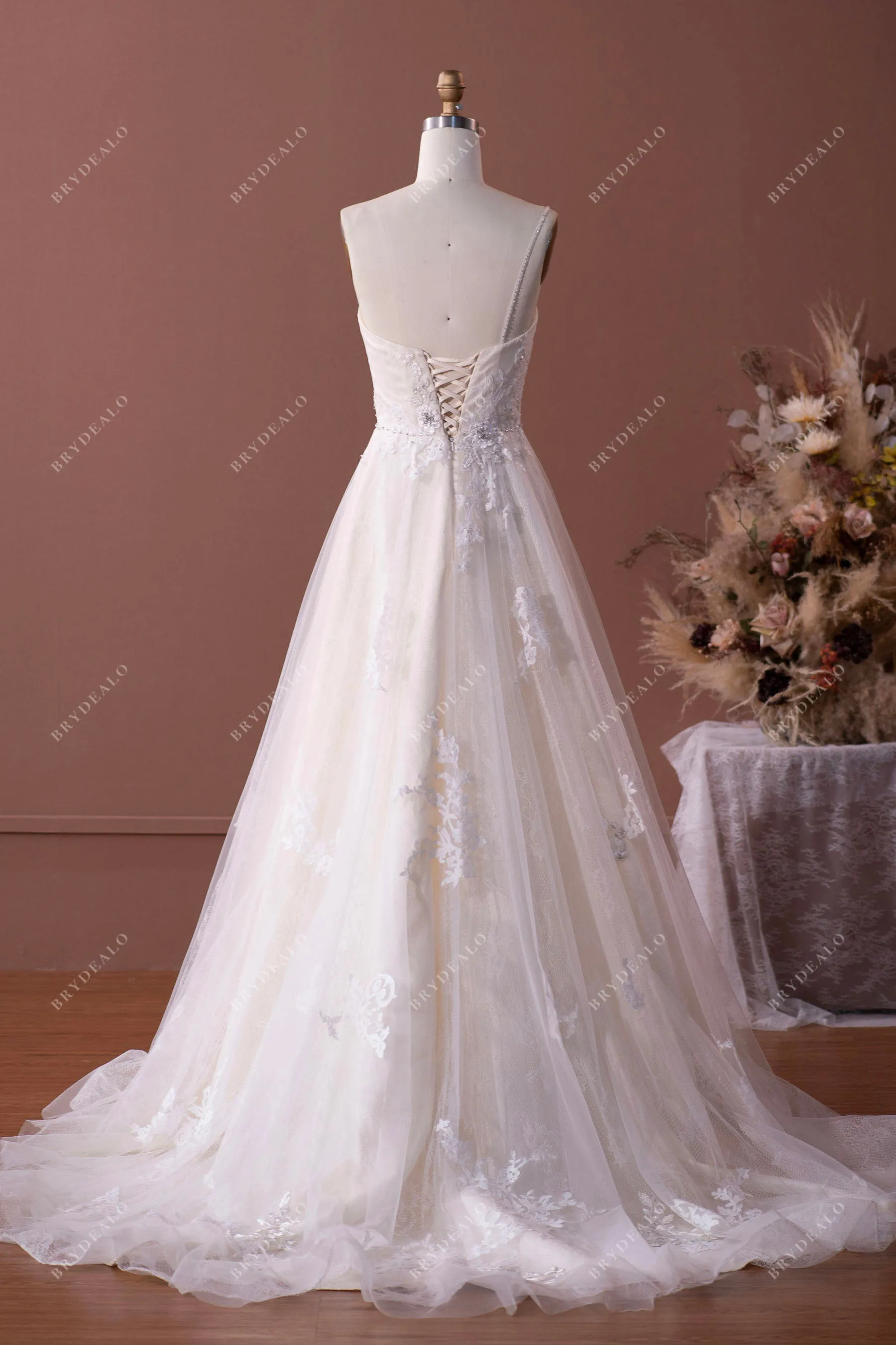 Beaded One Shoulder Lace Tulle Long A-line Wedding Dress