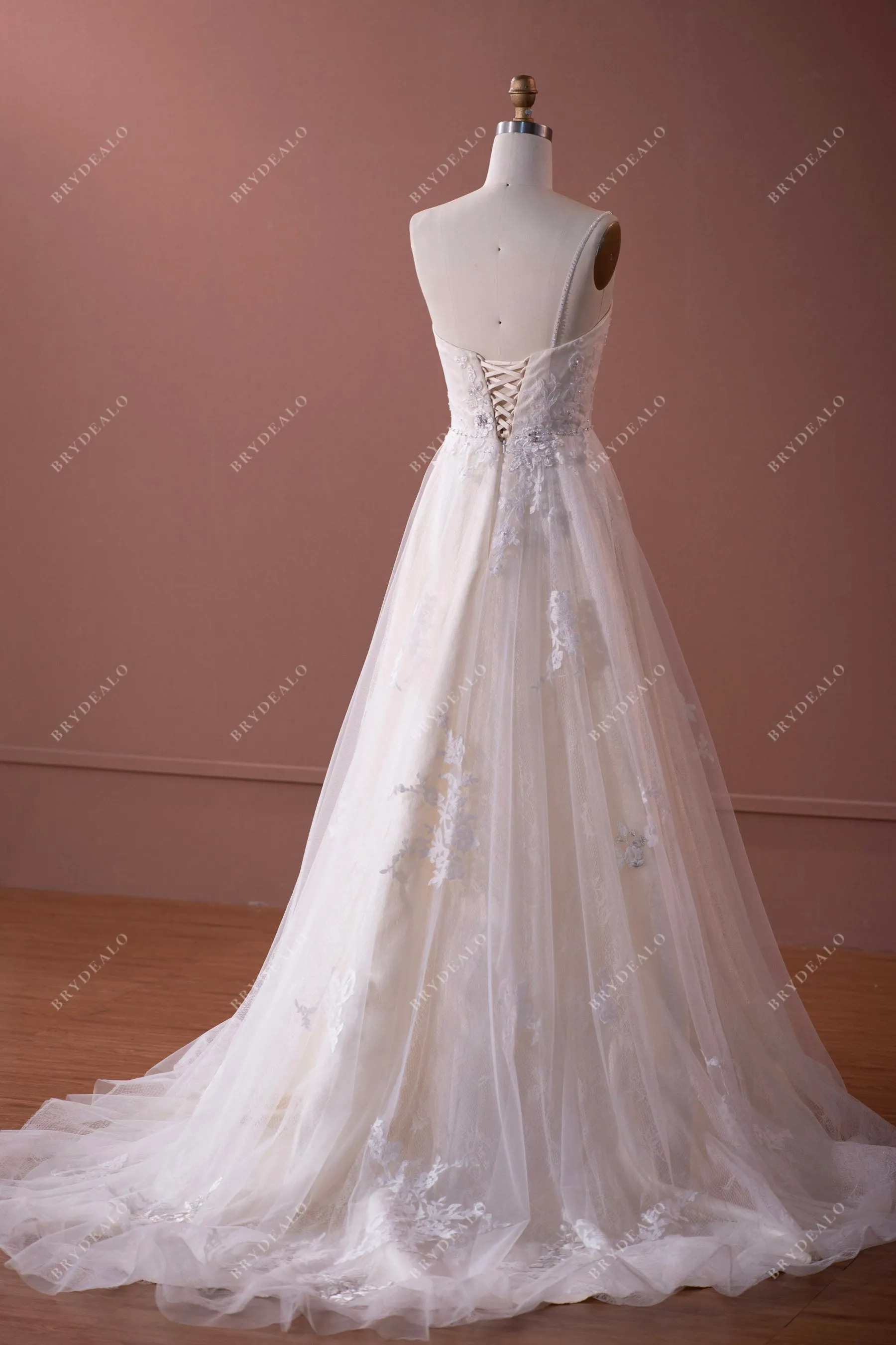 Beaded One Shoulder Lace Tulle Long A-line Wedding Dress