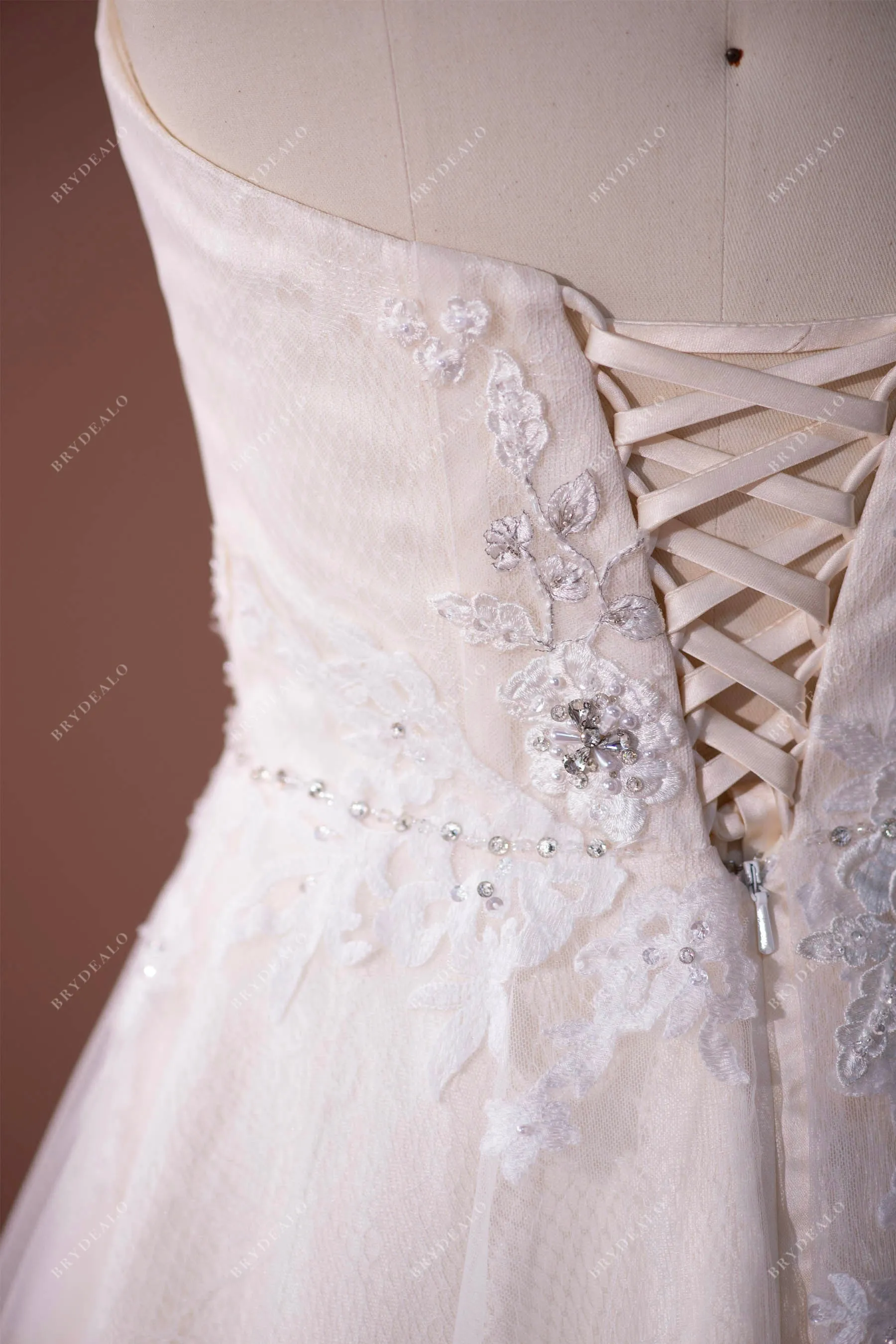 Beaded One Shoulder Lace Tulle Long A-line Wedding Dress
