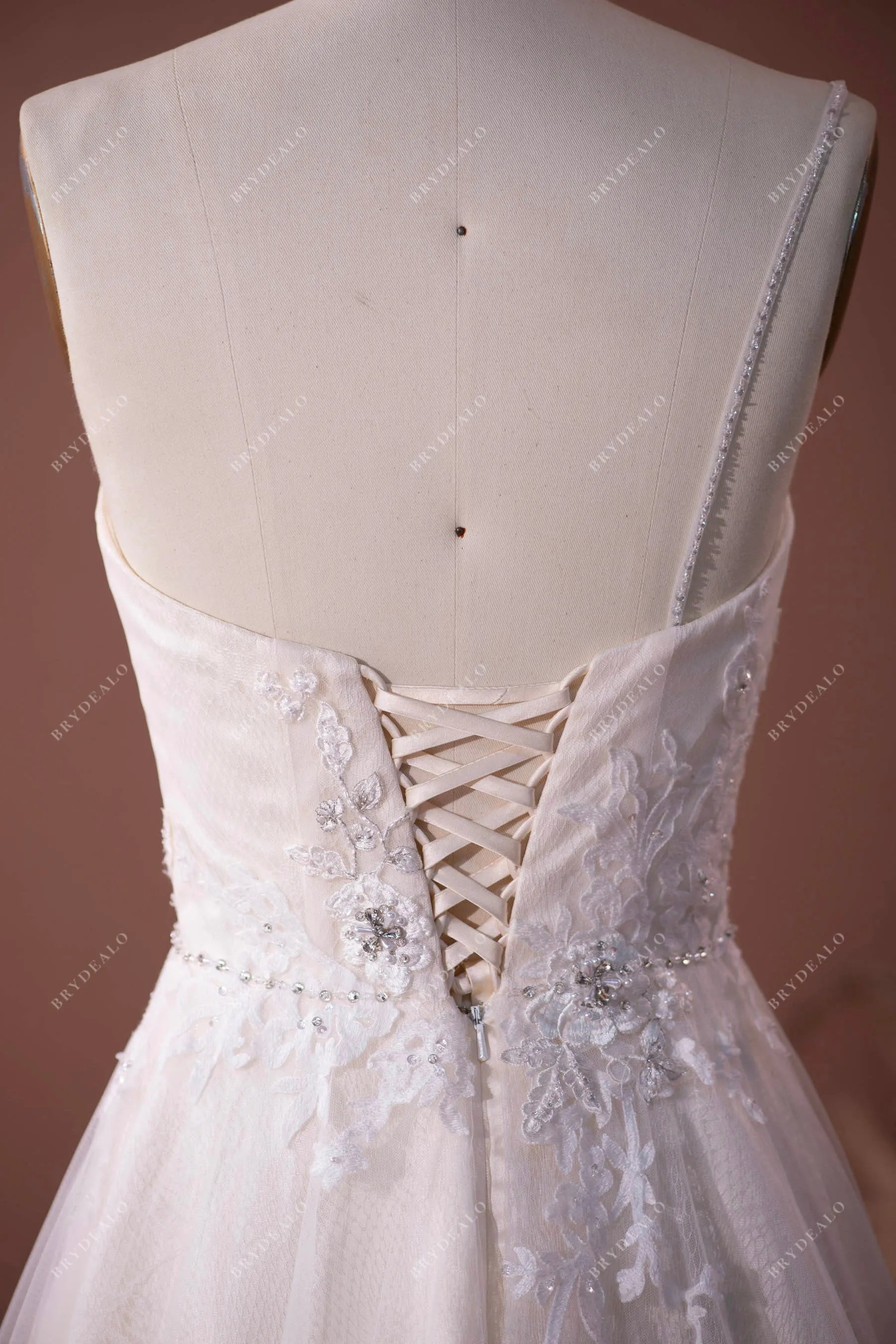 Beaded One Shoulder Lace Tulle Long A-line Wedding Dress