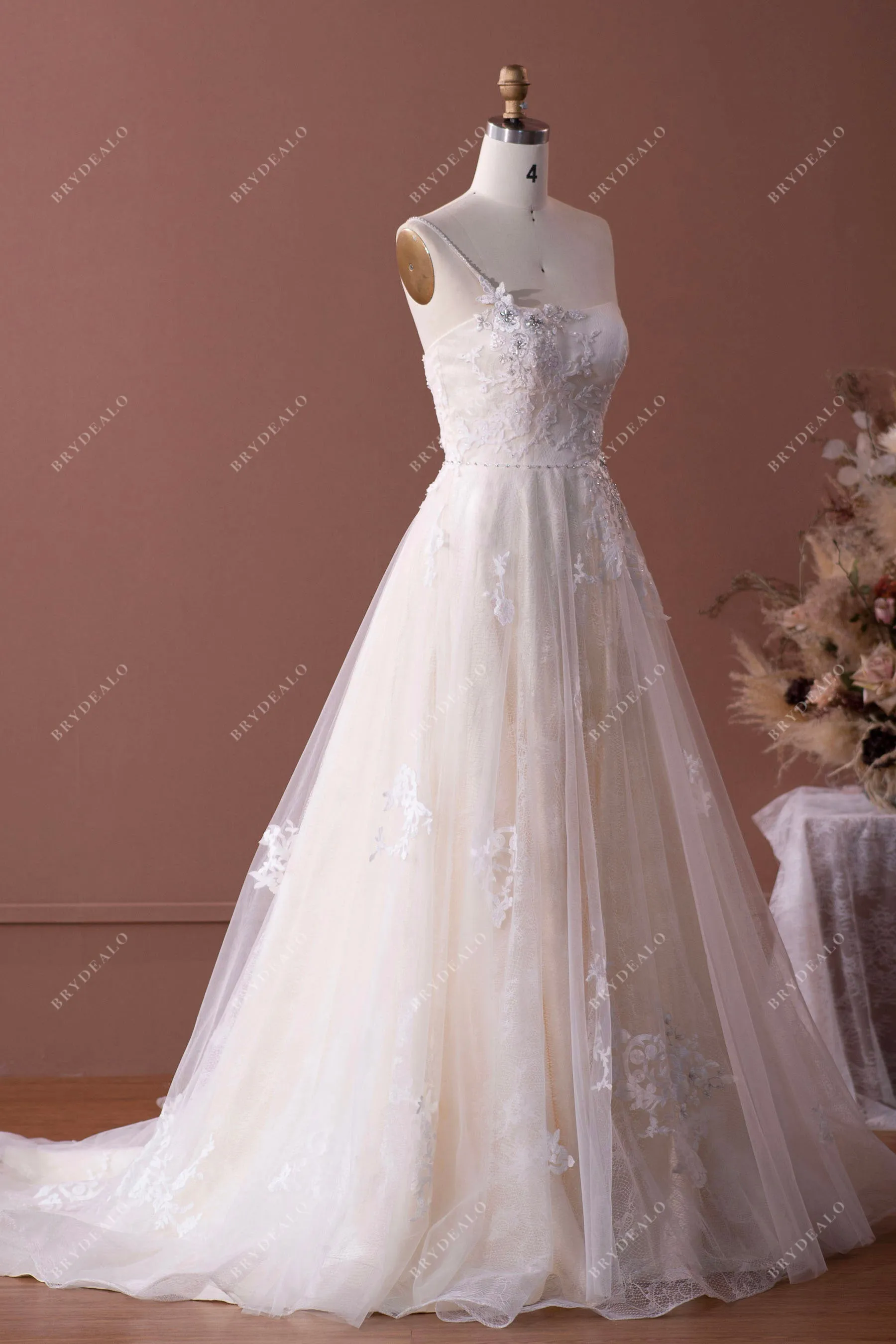 Beaded One Shoulder Lace Tulle Long A-line Wedding Dress