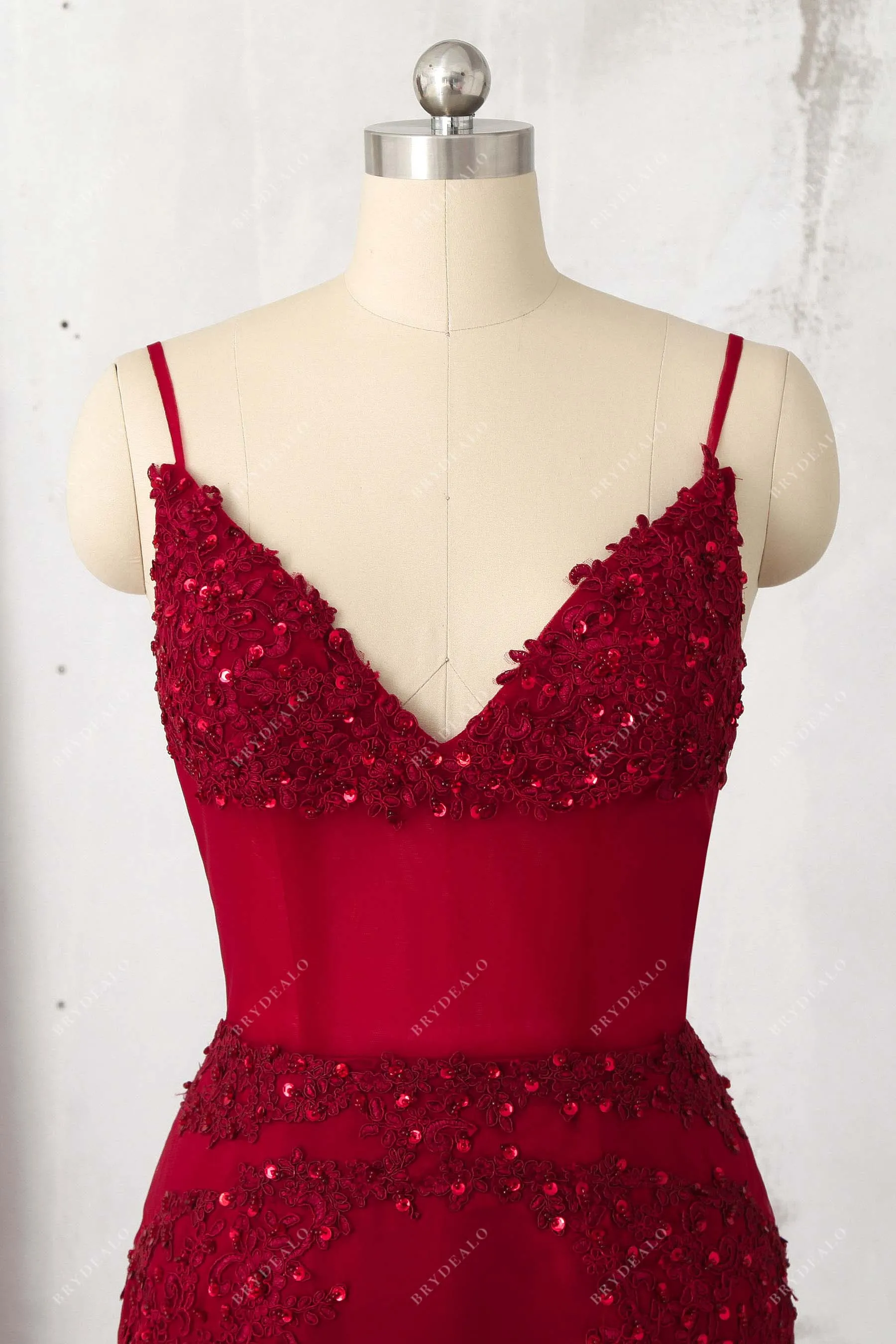 Beaded Ruby Lace Illusion Tulle Trumpet Prom Gown