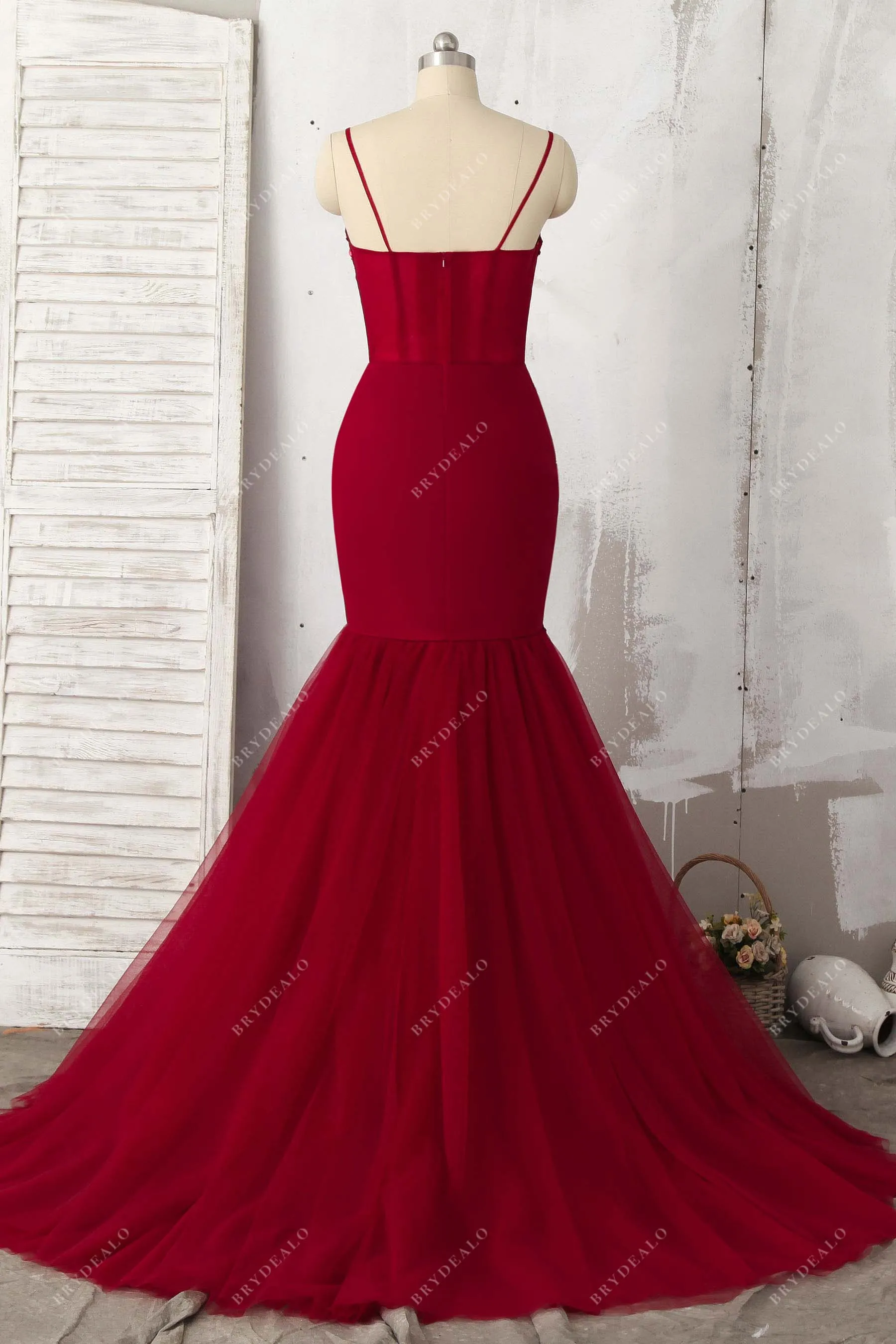 Beaded Ruby Lace Illusion Tulle Trumpet Prom Gown