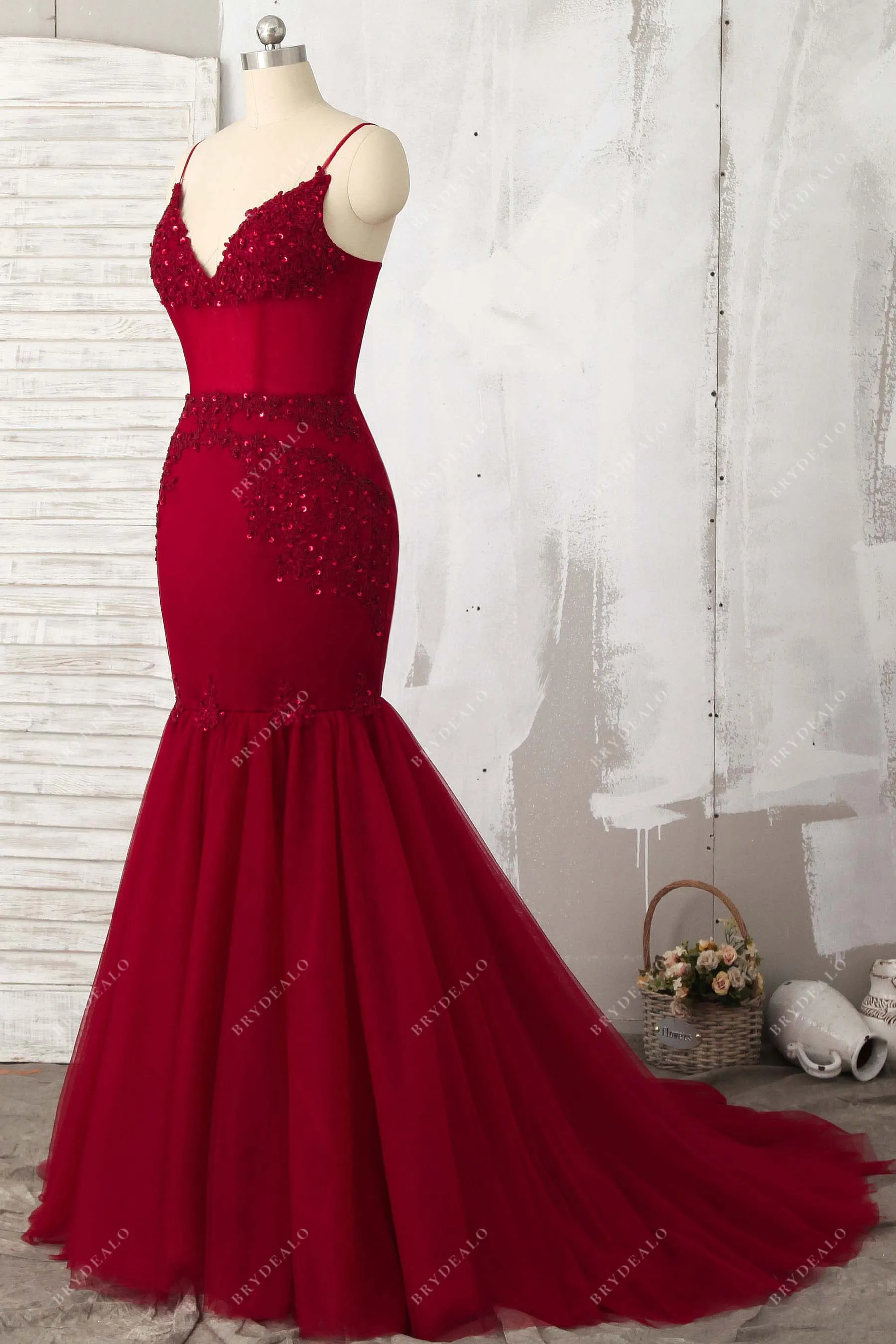 Beaded Ruby Lace Illusion Tulle Trumpet Prom Gown