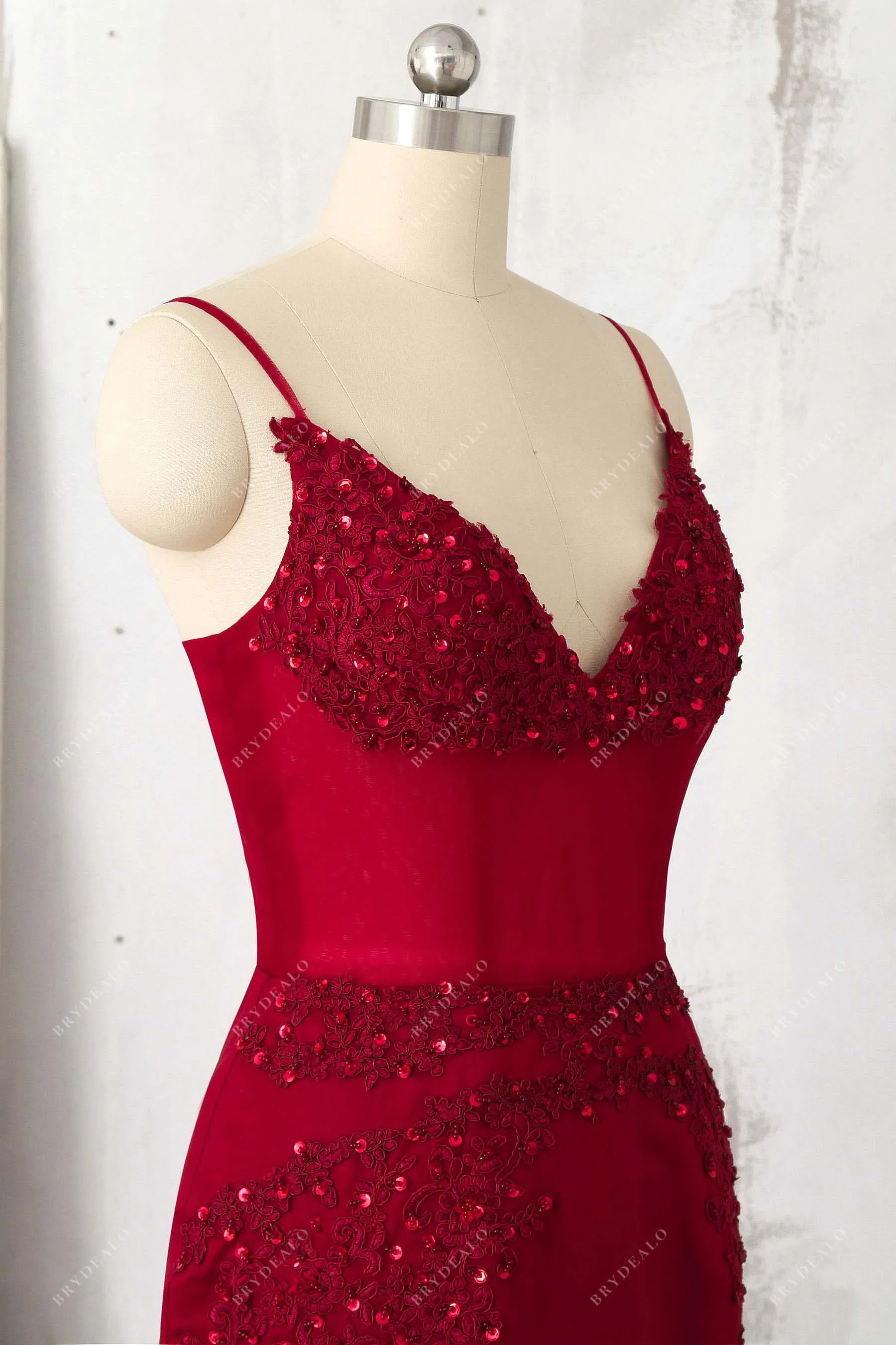 Beaded Ruby Lace Illusion Tulle Trumpet Prom Gown
