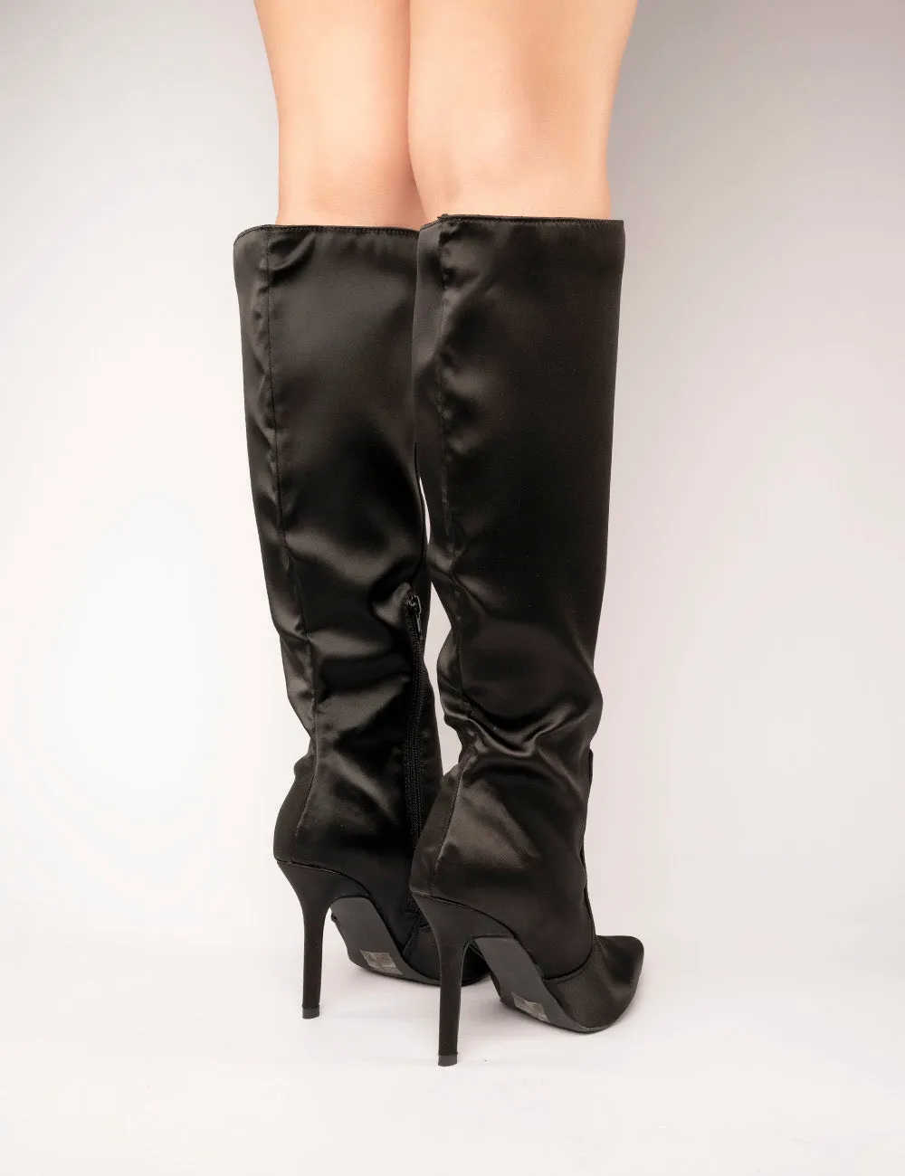 Best Believe Black Satin Pointed Toe Heeled Knee High Boots