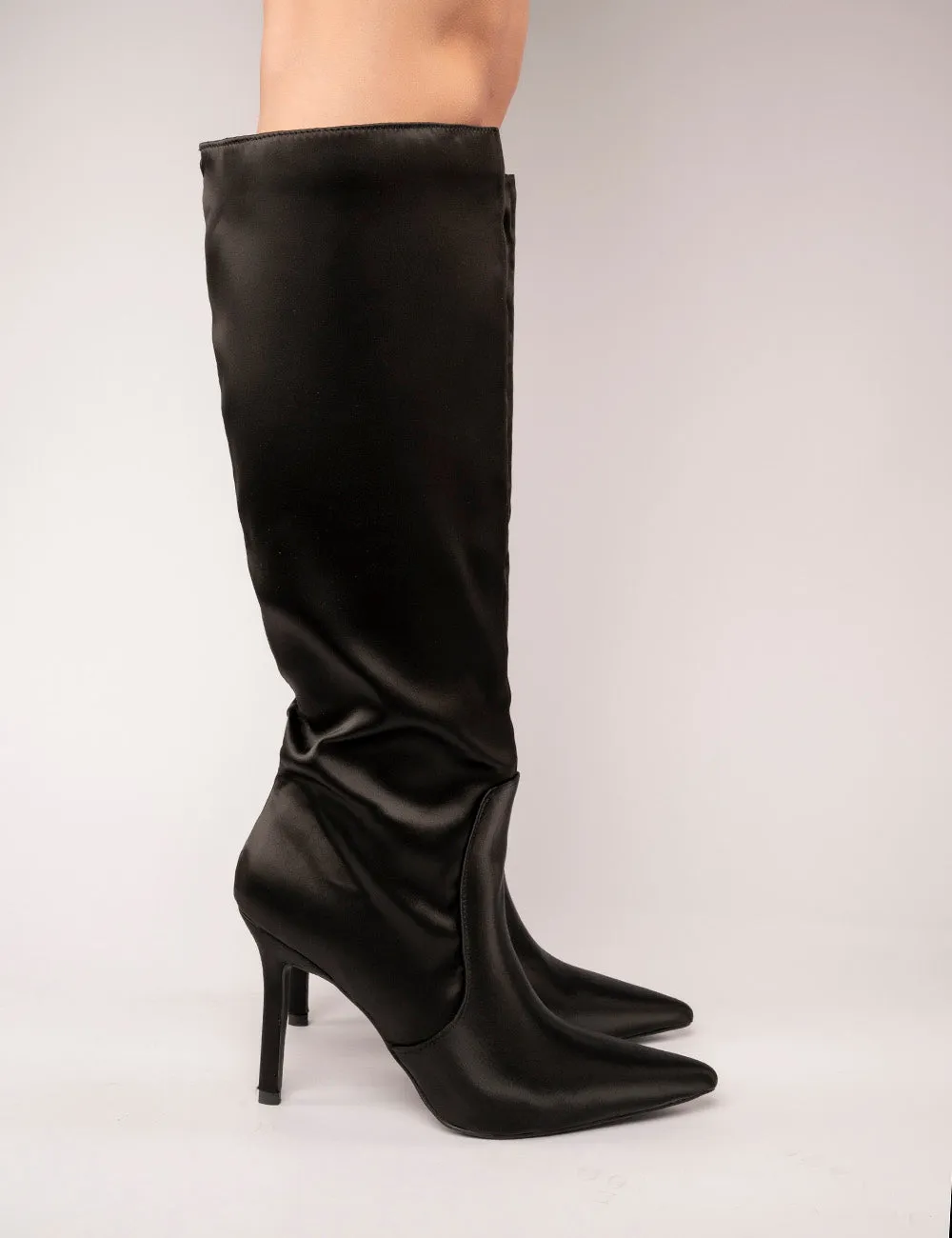Best Believe Black Satin Pointed Toe Heeled Knee High Boots