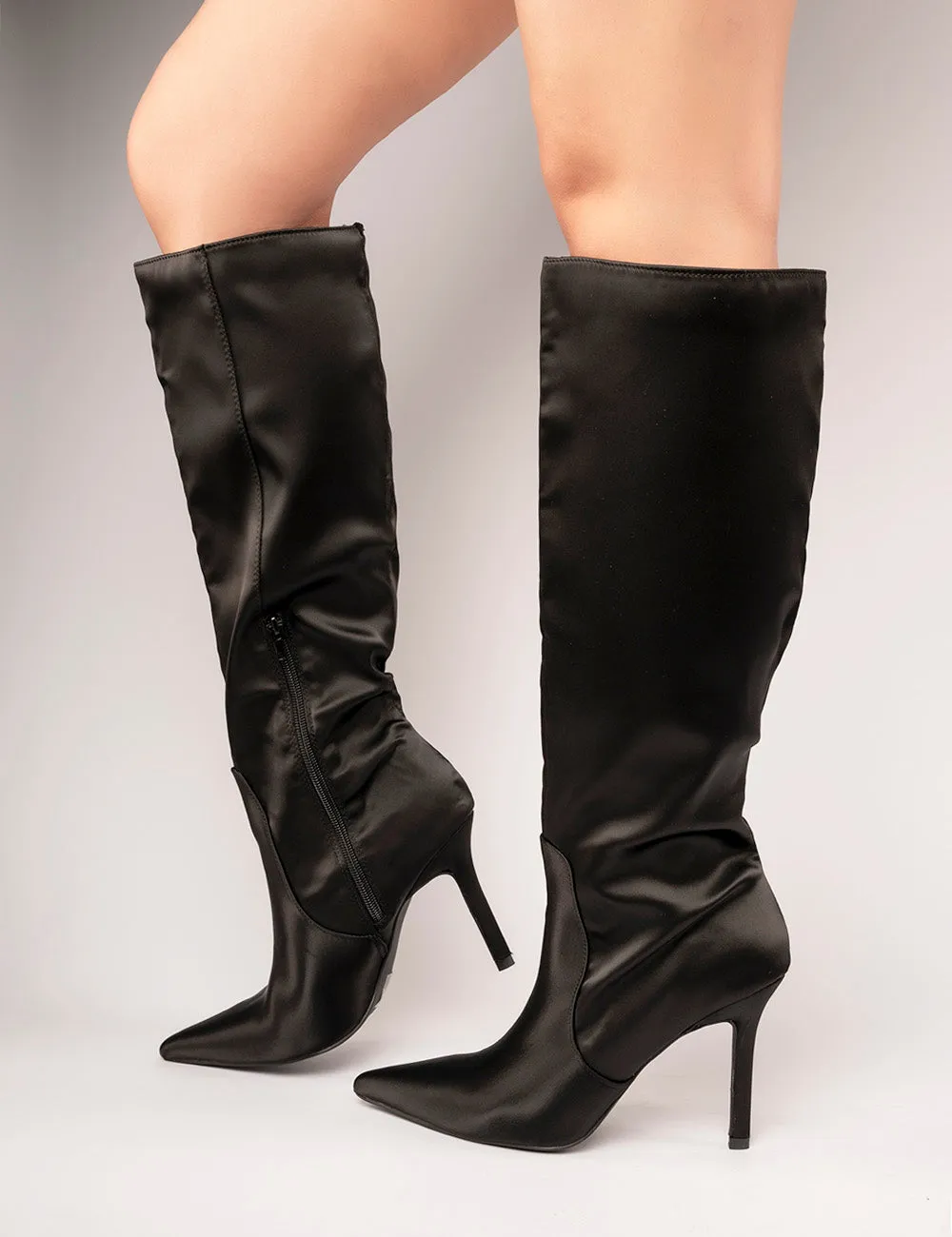 Best Believe Black Satin Pointed Toe Heeled Knee High Boots