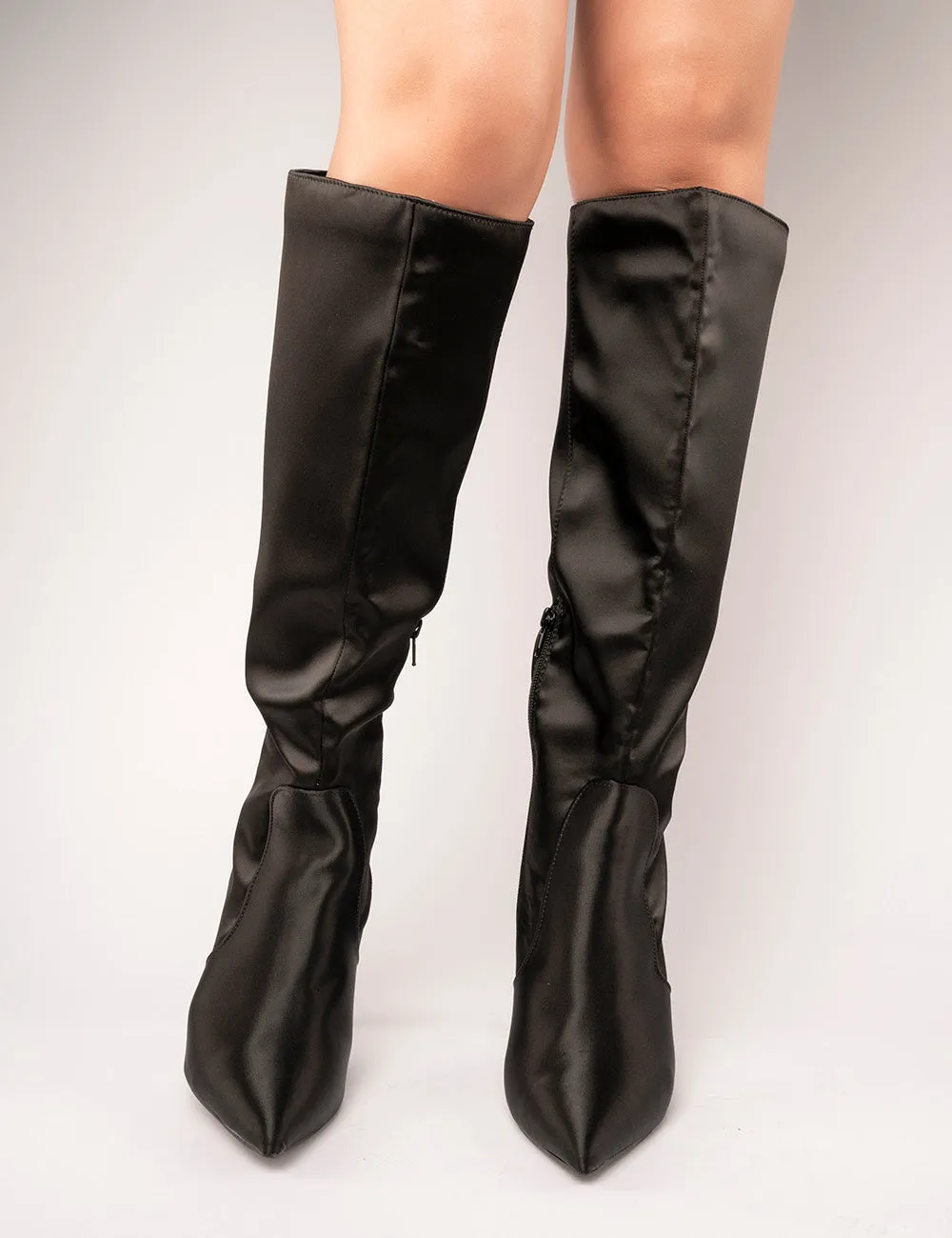 Best Believe Black Satin Pointed Toe Heeled Knee High Boots