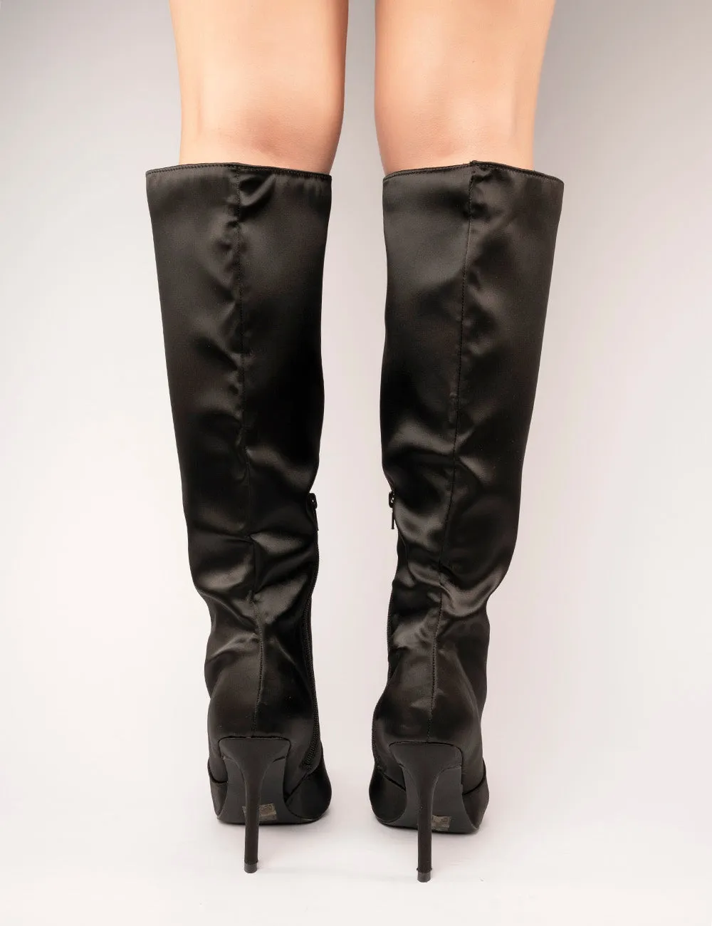 Best Believe Black Satin Pointed Toe Heeled Knee High Boots