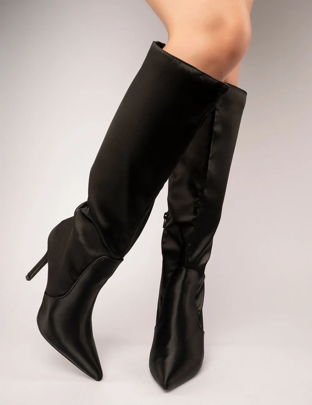 Best Believe Black Satin Pointed Toe Heeled Knee High Boots