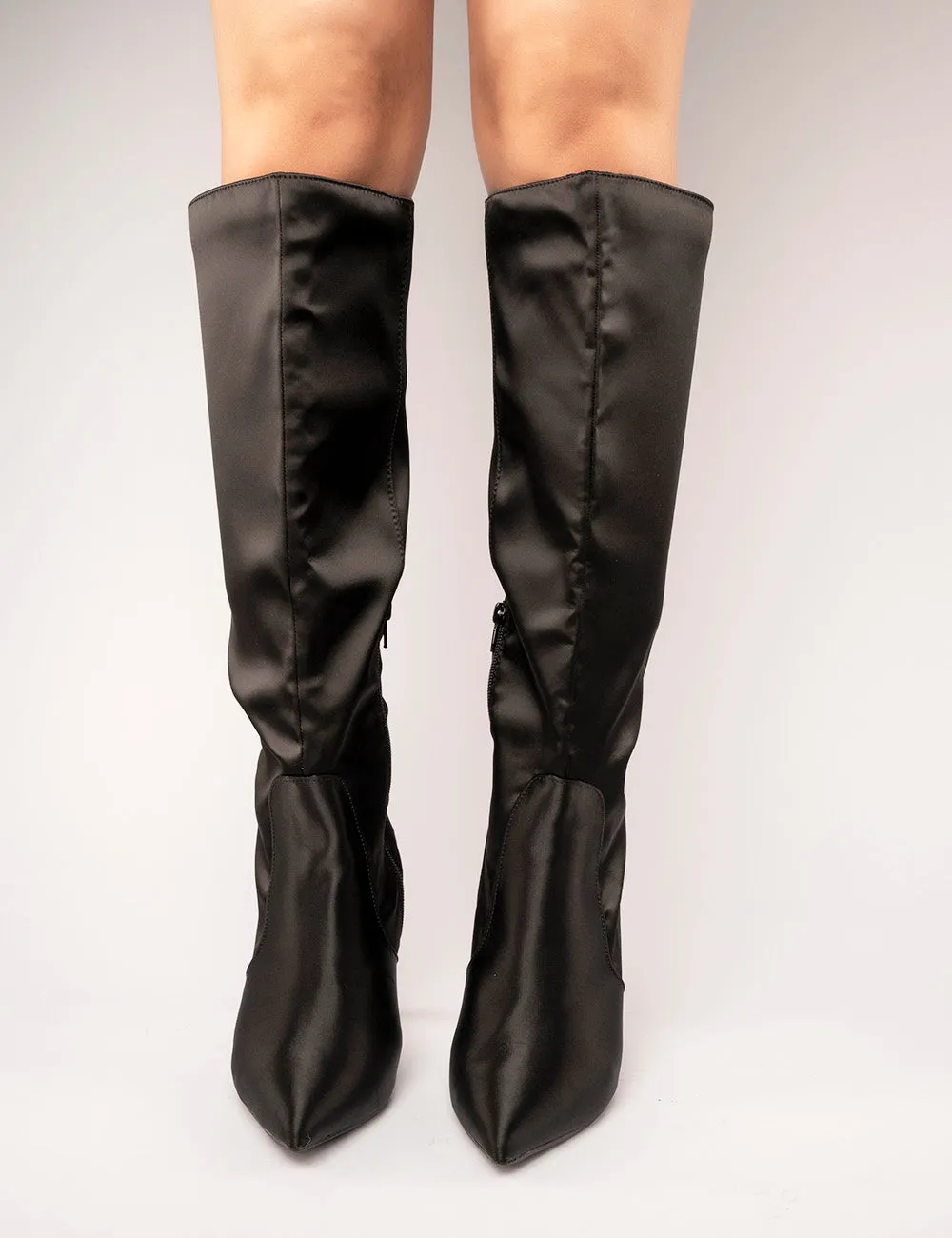 Best Believe Black Satin Pointed Toe Heeled Knee High Boots