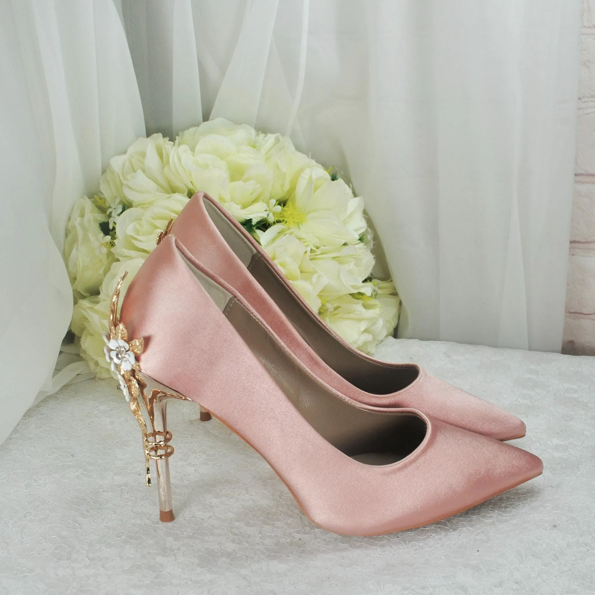 Blush Pink Bridal Shoes with Gold Flower Heel UK4/US6.5