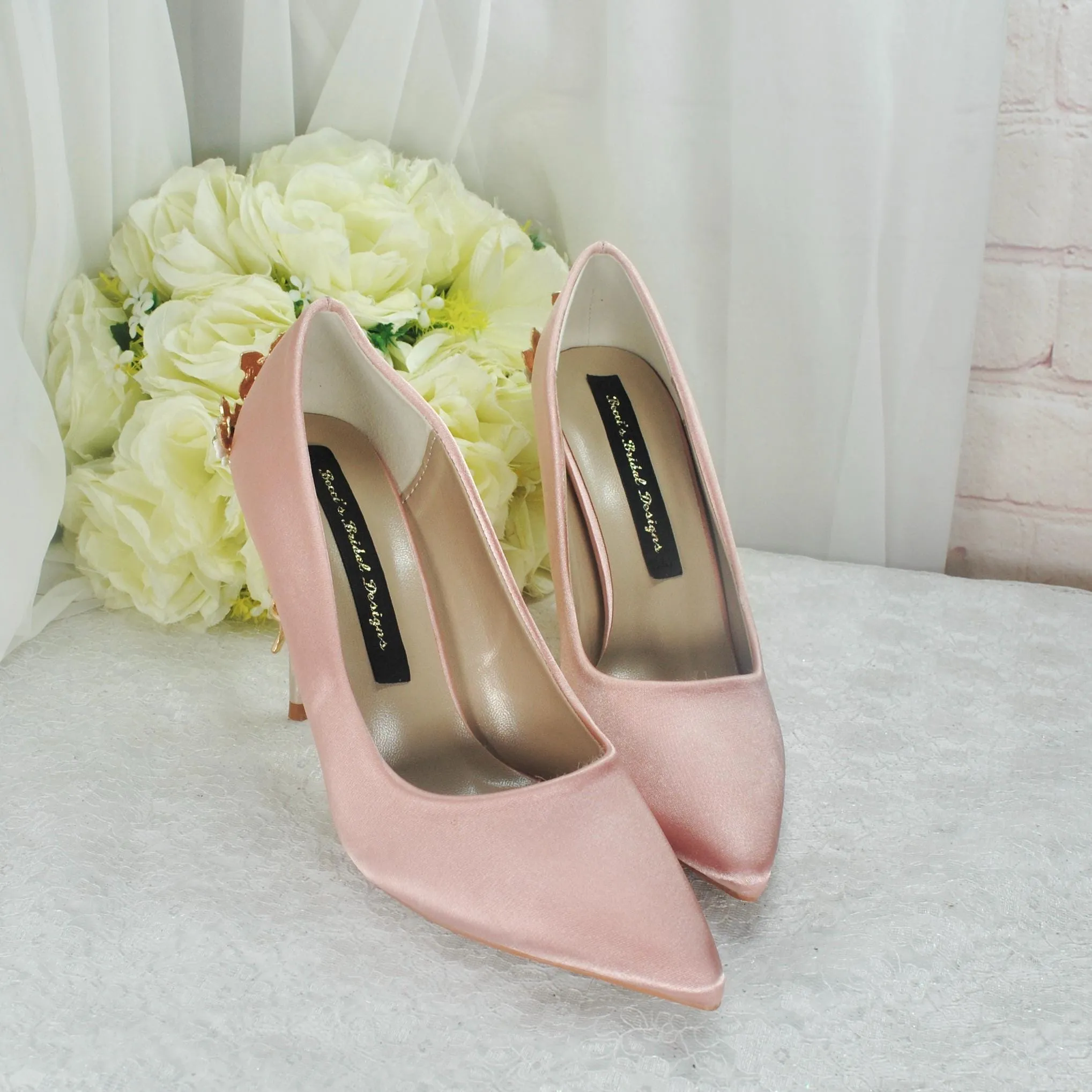 Blush Pink Bridal Shoes with Gold Flower Heel UK4/US6.5