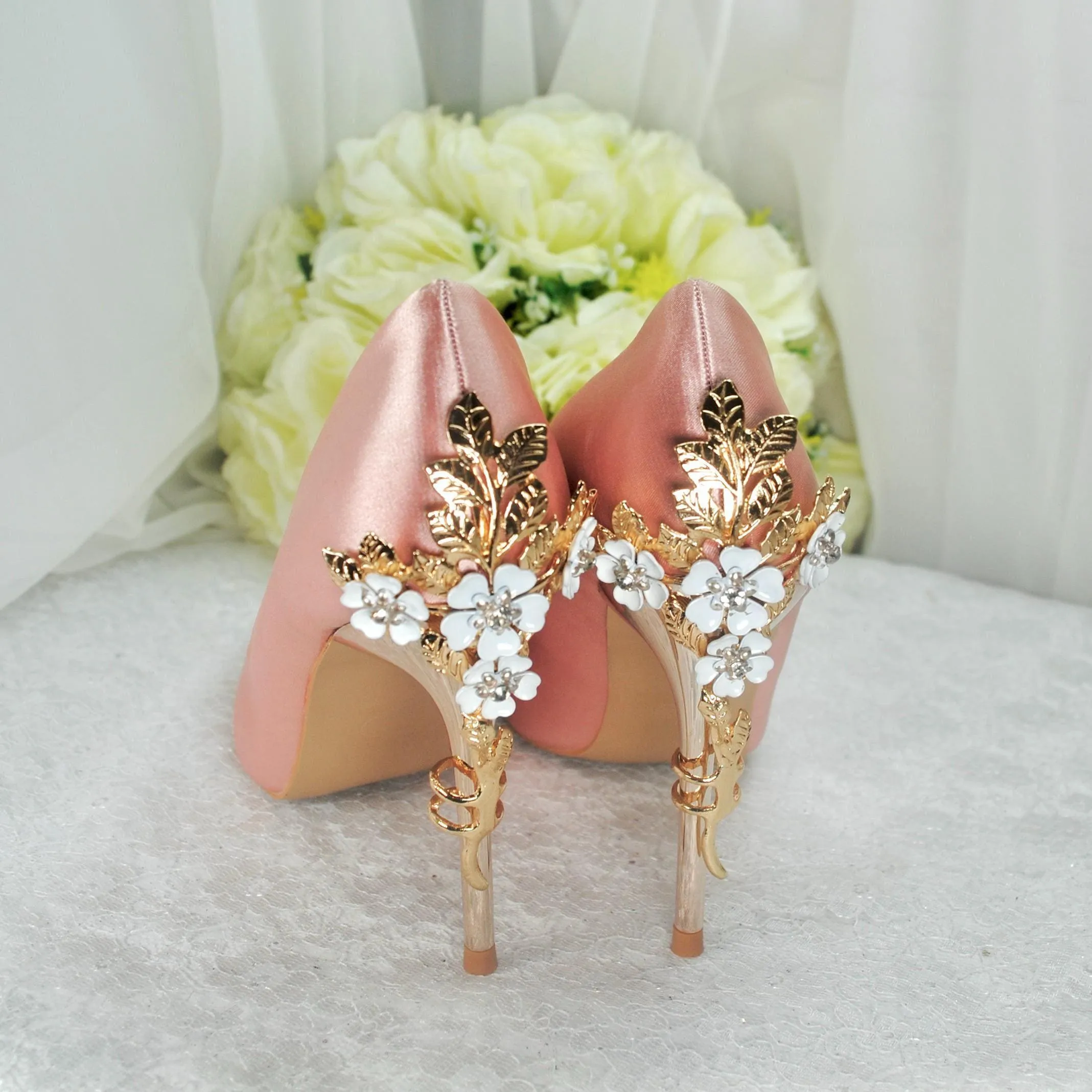 Blush Pink Bridal Shoes with Gold Flower Heel UK4/US6.5