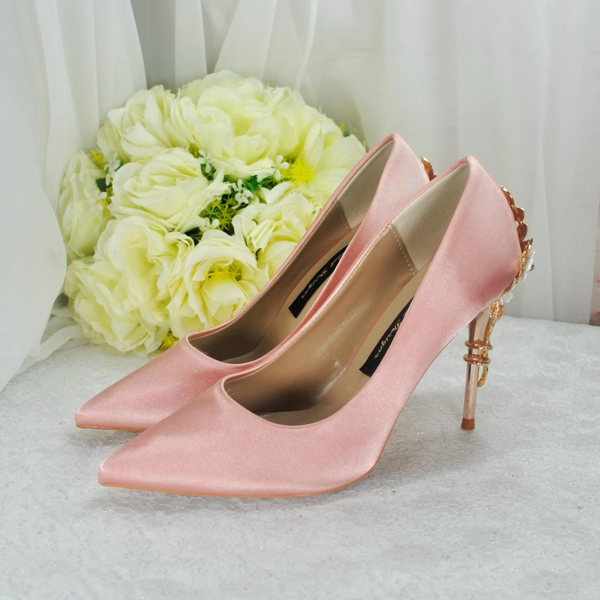 Blush Pink Bridal Shoes with Gold Flower Heel UK4/US6.5