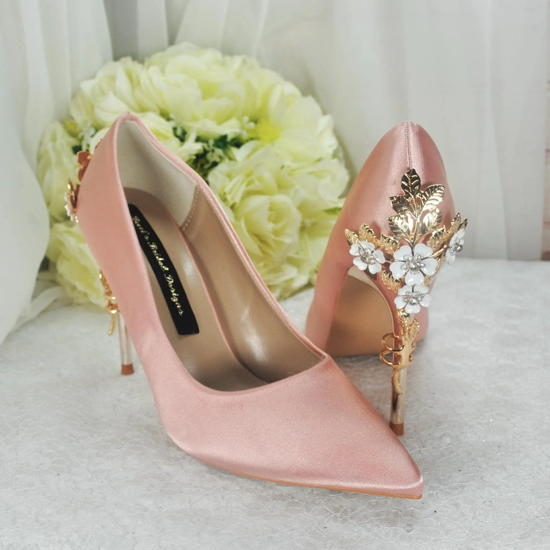 Blush Pink Bridal Shoes with Gold Flower Heel UK4/US6.5