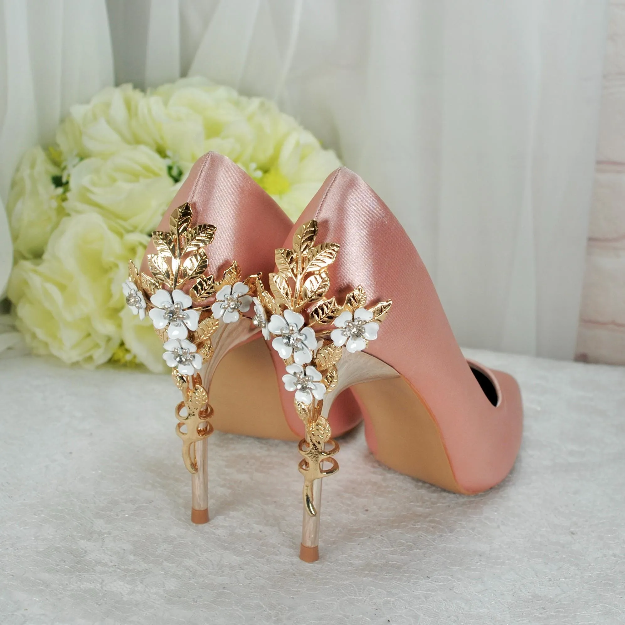 Blush Pink Bridal Shoes with Gold Flower Heel UK4/US6.5
