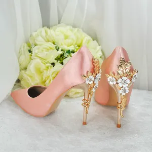 Blush Pink Bridal Shoes with Gold Flower Heel UK4/US6.5
