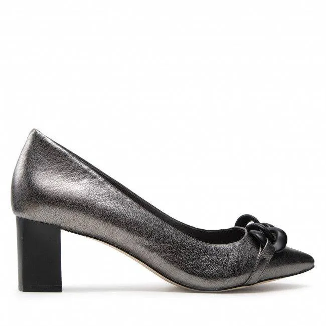 Caprice Leather Pewter Pointed Toe Block Heel Court Shoe With Chain Trim
