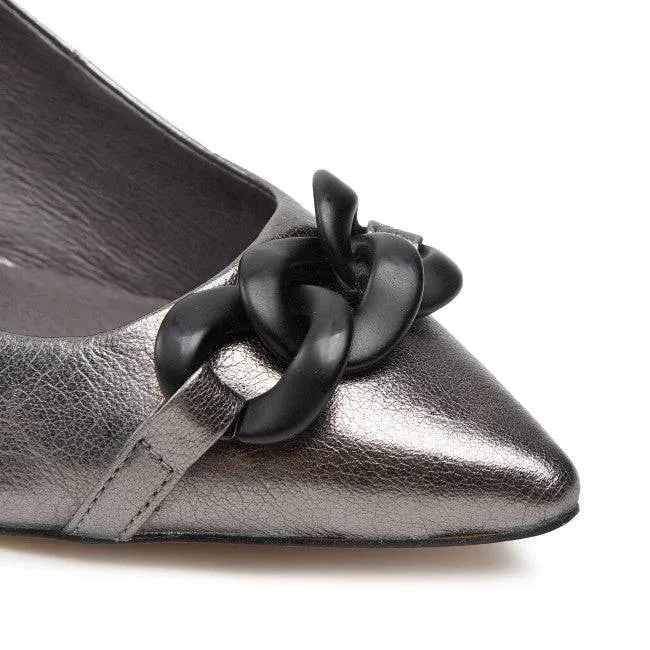 Caprice Leather Pewter Pointed Toe Block Heel Court Shoe With Chain Trim