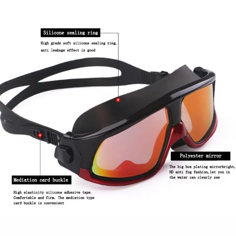 Colorful Large Frame Electroplating Anti-fog Silicone Swimming Goggles for Adults (Red   Black)