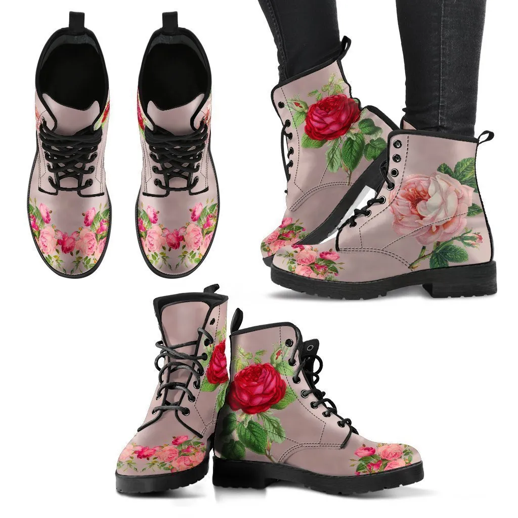Combat Boots - Vintage Style Flowers | Boho Shoes,  Vegan Leather Handmade Lace Up Boots Women