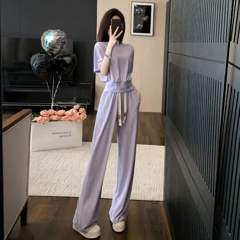 Design Casual Sports Suit Women's Summer Wear  New Younger Fashion Temperament Short Sleeve Wide Leg Pants Two-Piece Set