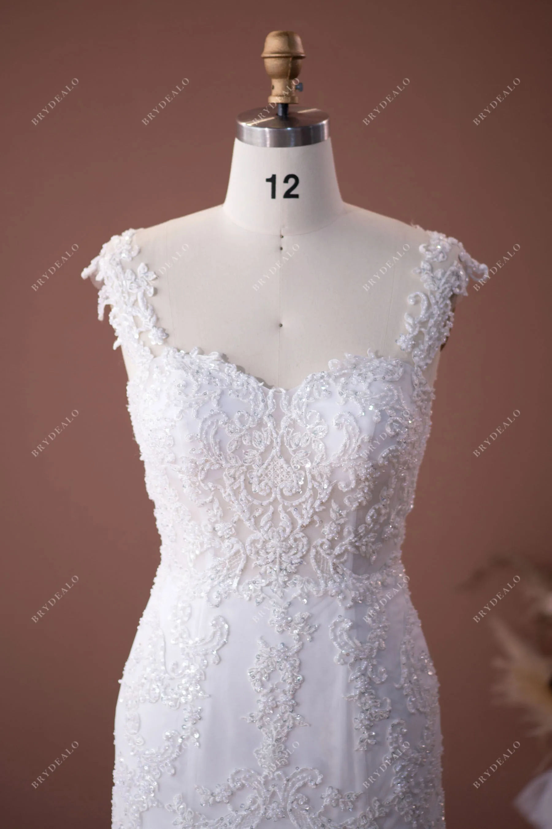 Designer Beaded Lace Country Trumpet Long Train Wedding Dress