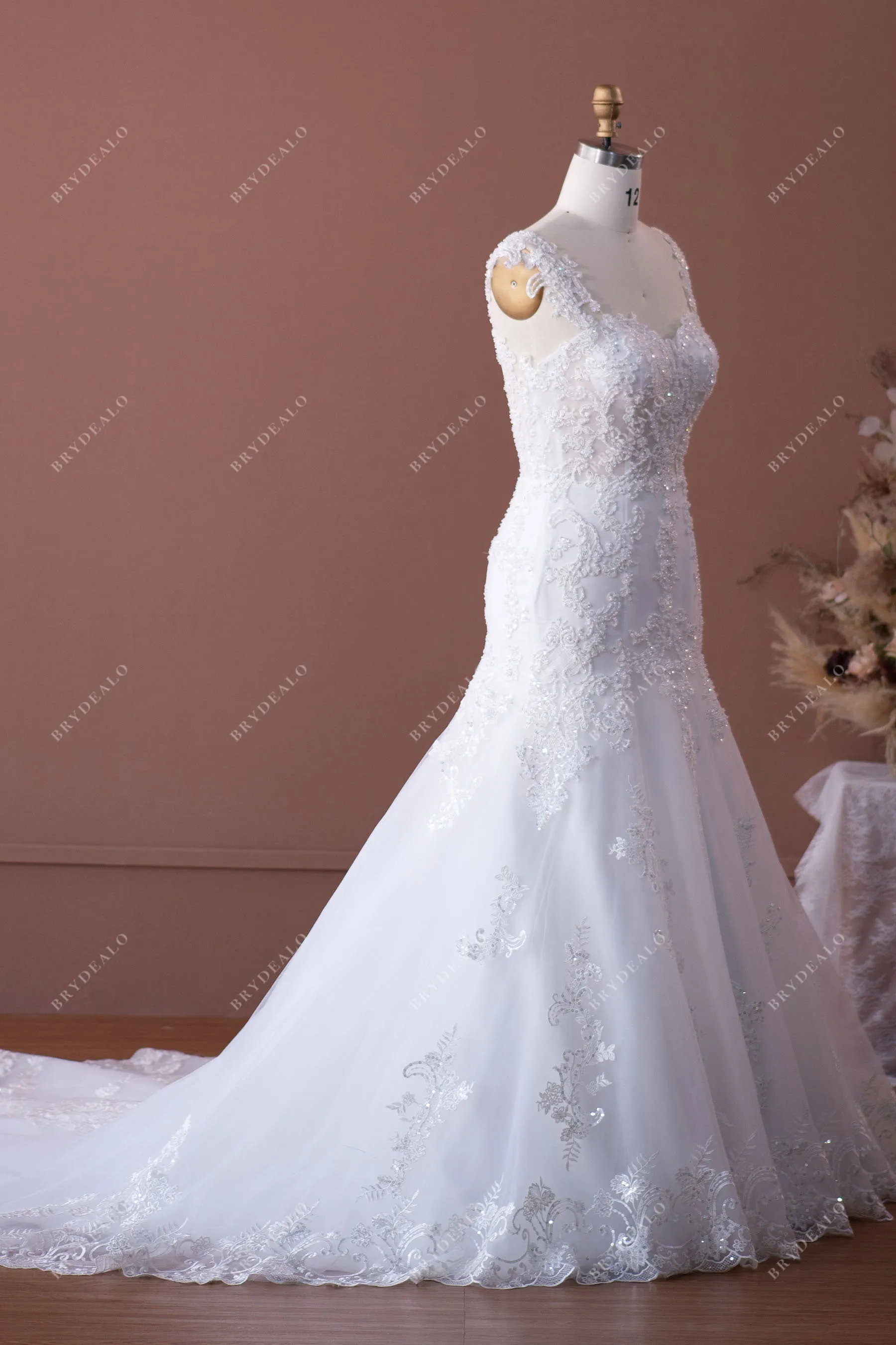 Designer Beaded Lace Country Trumpet Long Train Wedding Dress