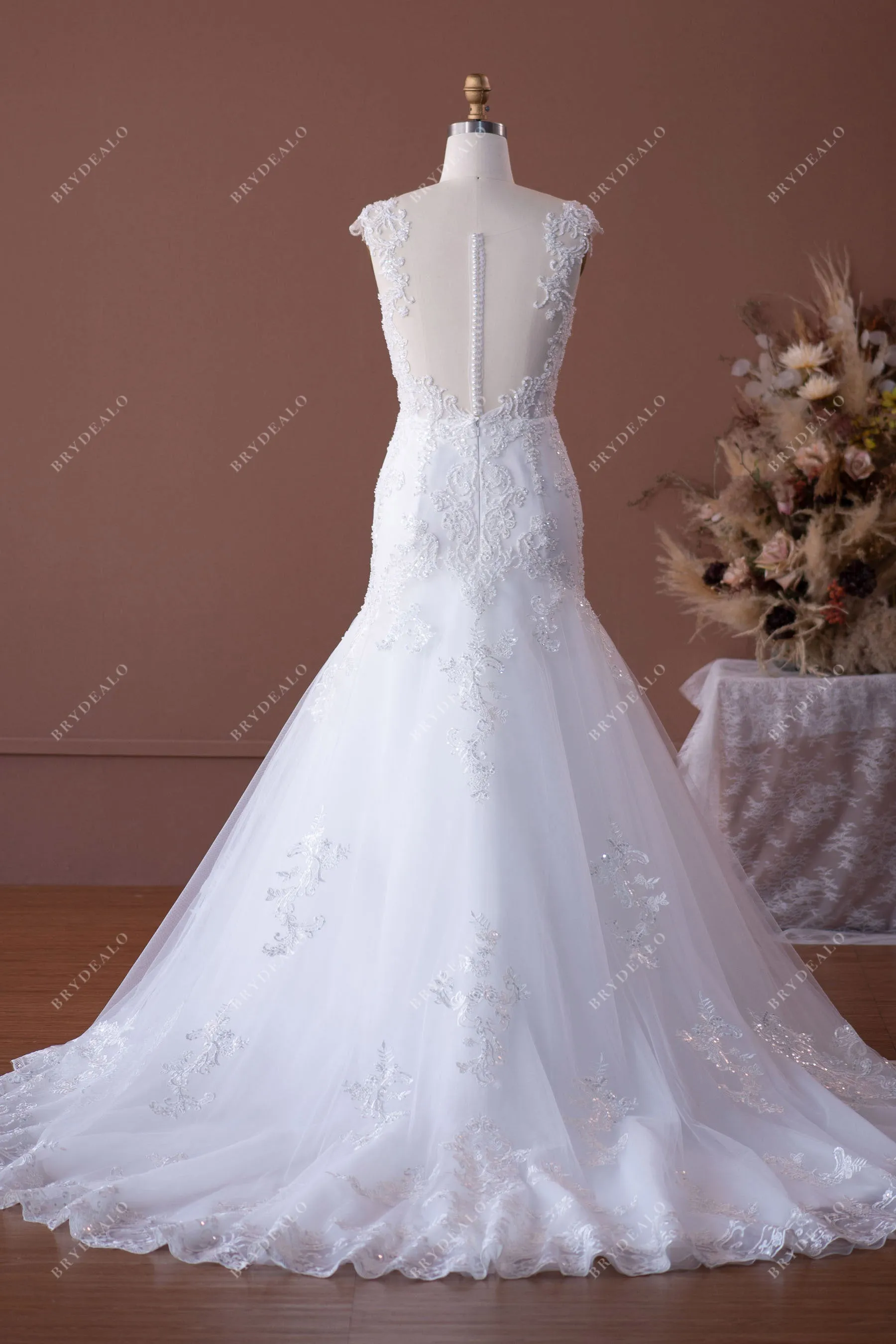 Designer Beaded Lace Country Trumpet Long Train Wedding Dress
