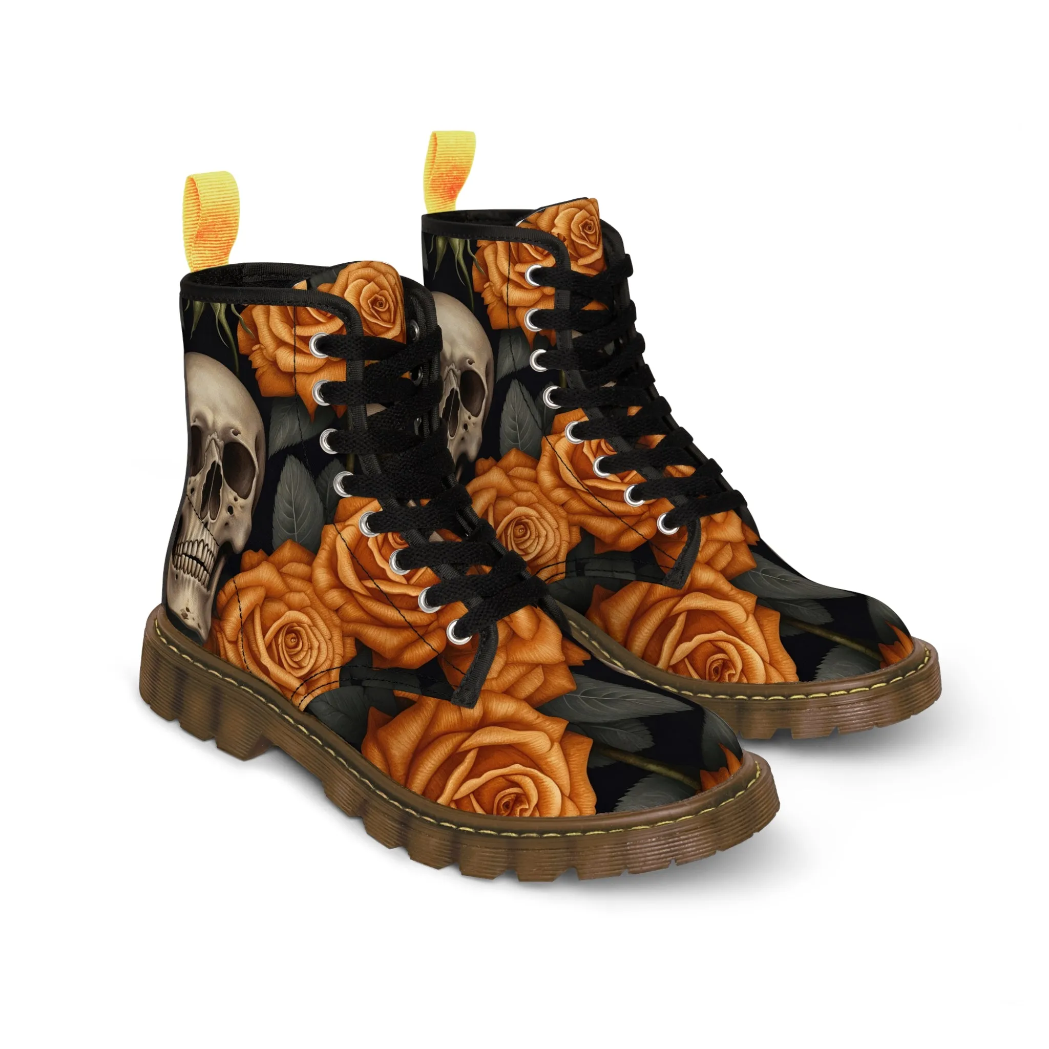 Gothic Orange Skulls and  Roses Women's Canvas Boots