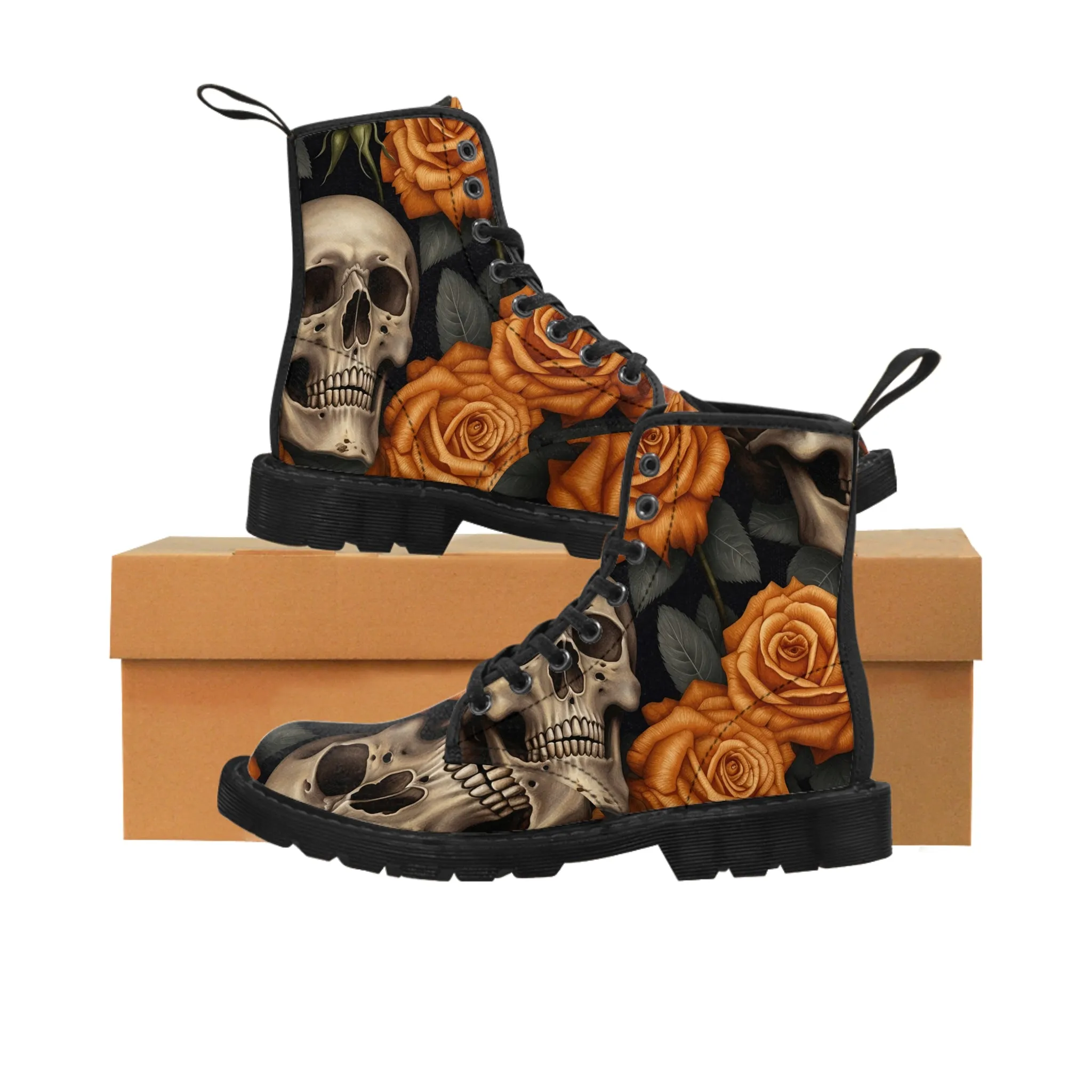 Gothic Orange Skulls and  Roses Women's Canvas Boots