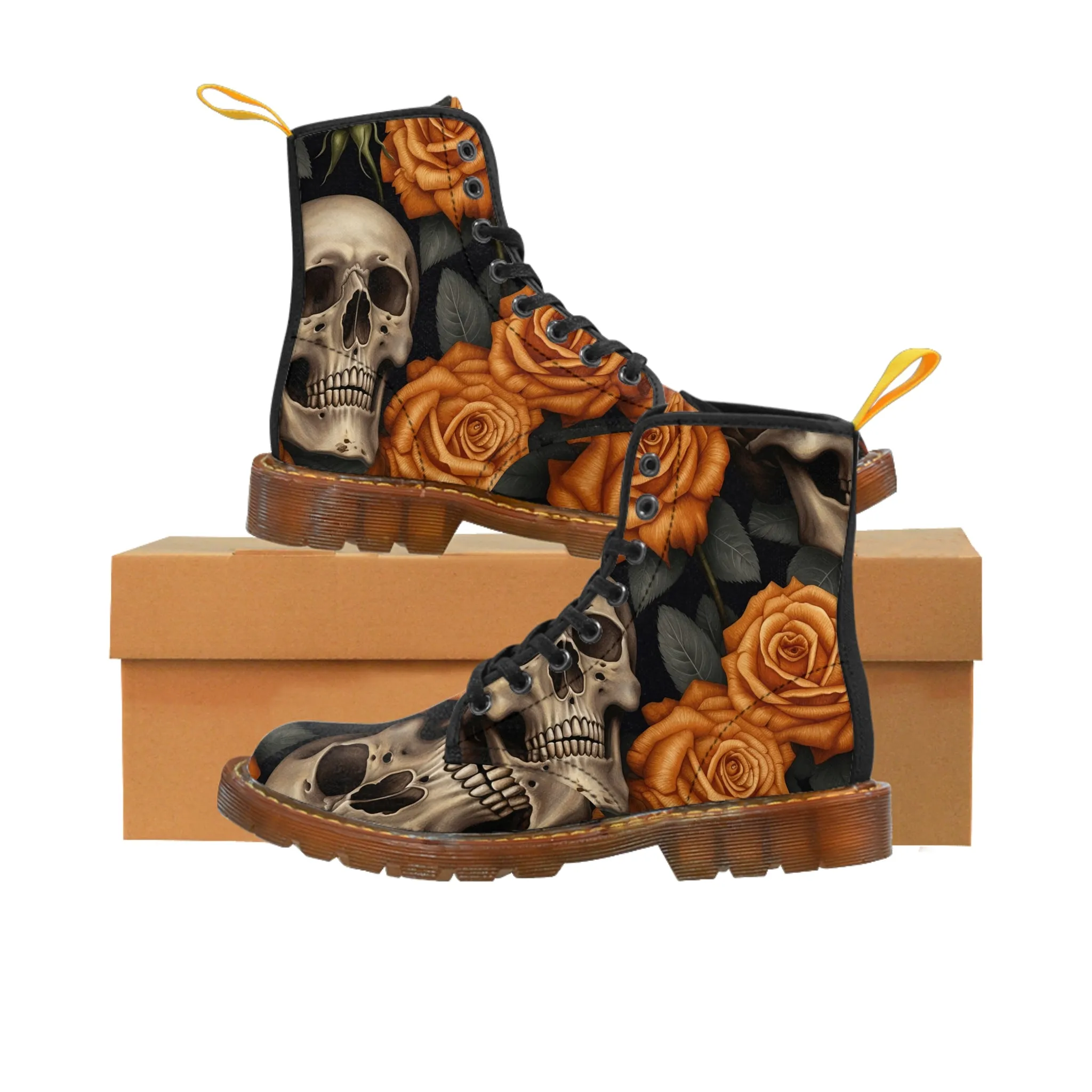 Gothic Orange Skulls and  Roses Women's Canvas Boots