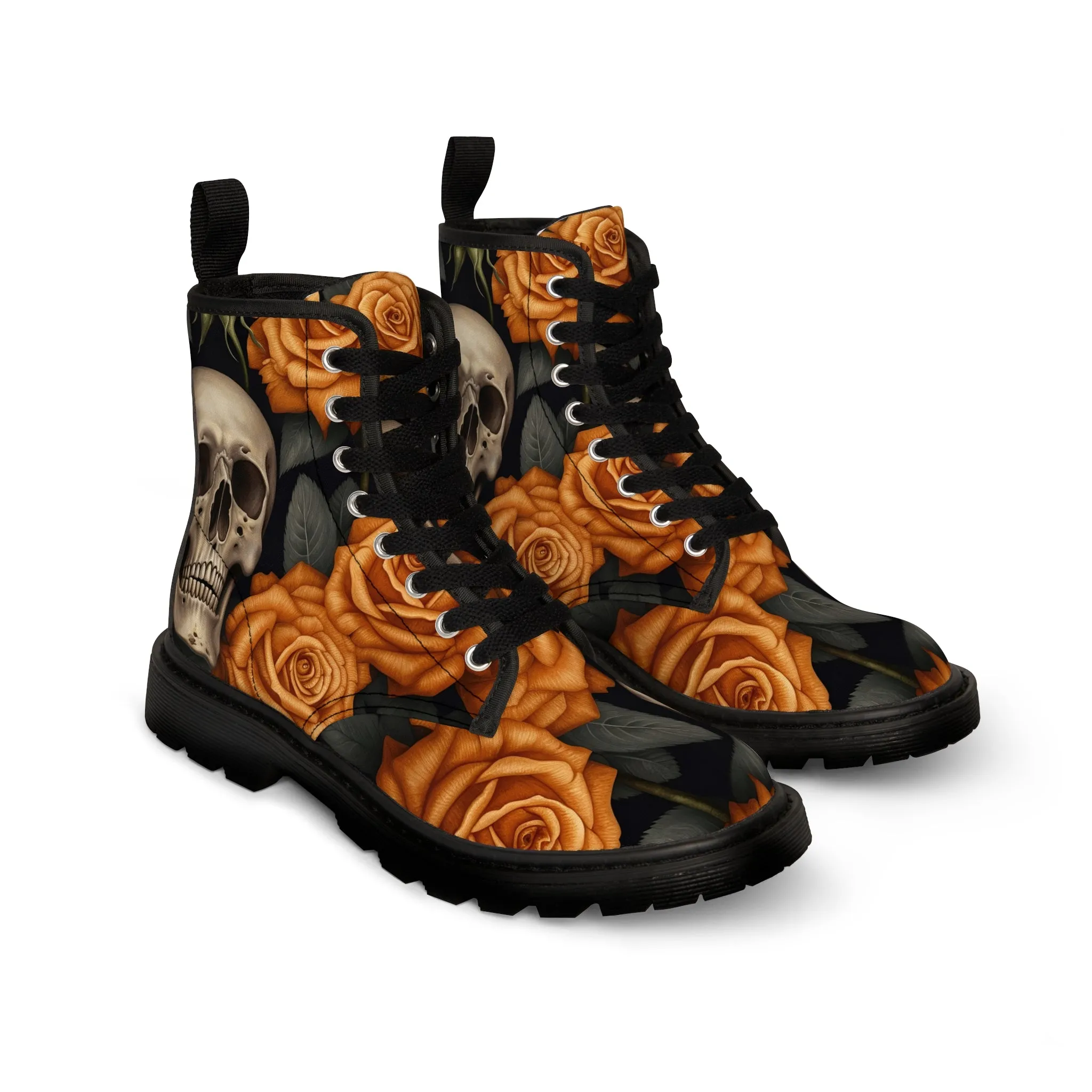 Gothic Orange Skulls and  Roses Women's Canvas Boots