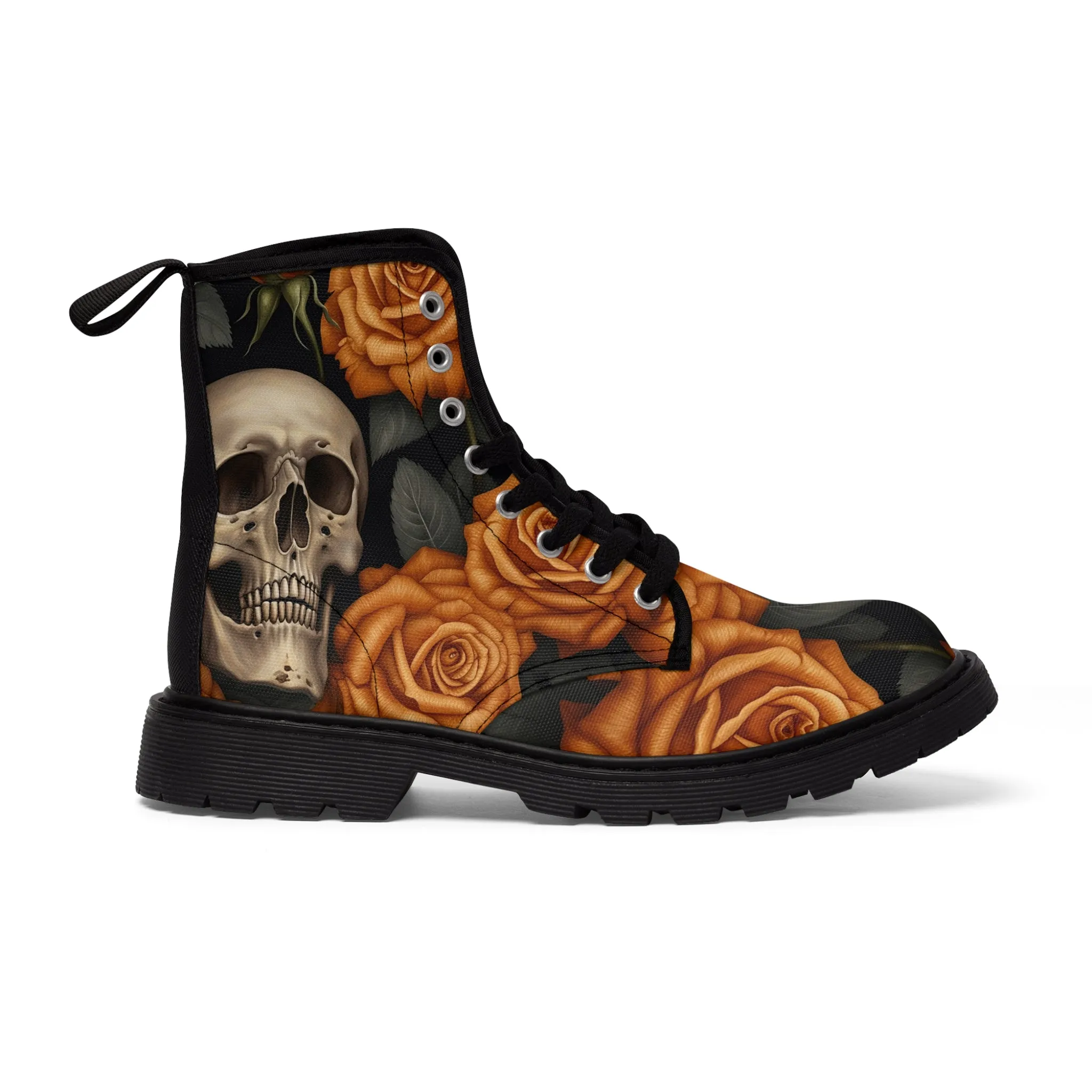 Gothic Orange Skulls and  Roses Women's Canvas Boots