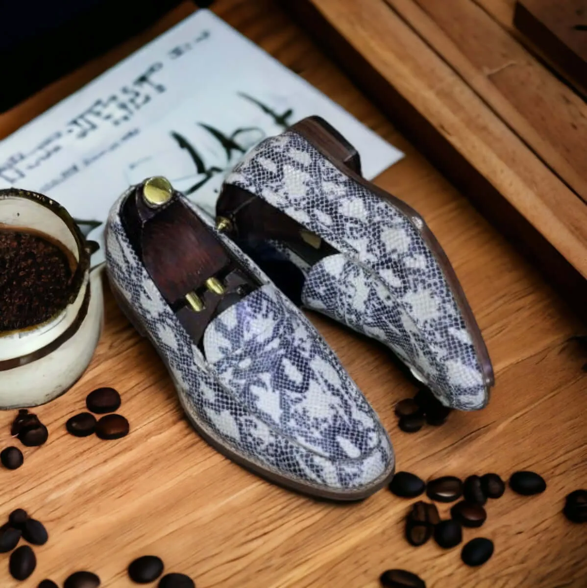Handmade Men's Anaconda Print Leather Shoes, Men's Penny Loafer Style Shoes