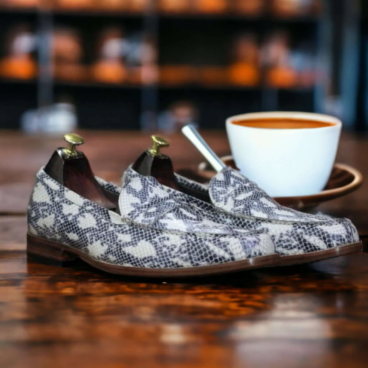Handmade Men's Anaconda Print Leather Shoes, Men's Penny Loafer Style Shoes