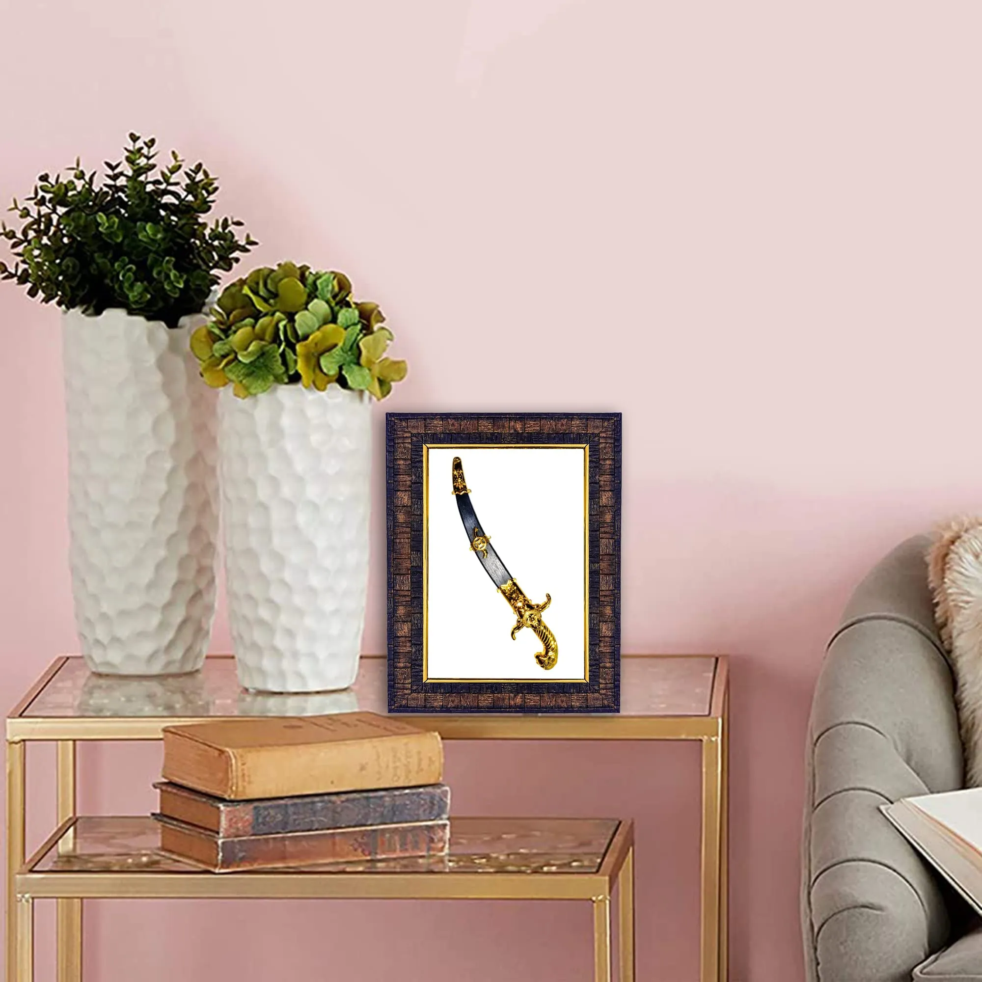 Hawai Feng Shui Vastu Remedies Wooden Framed Golden Victory Sword Photo for Home Office Business Place, 8.5x7inch, SFDI235BLKFRM