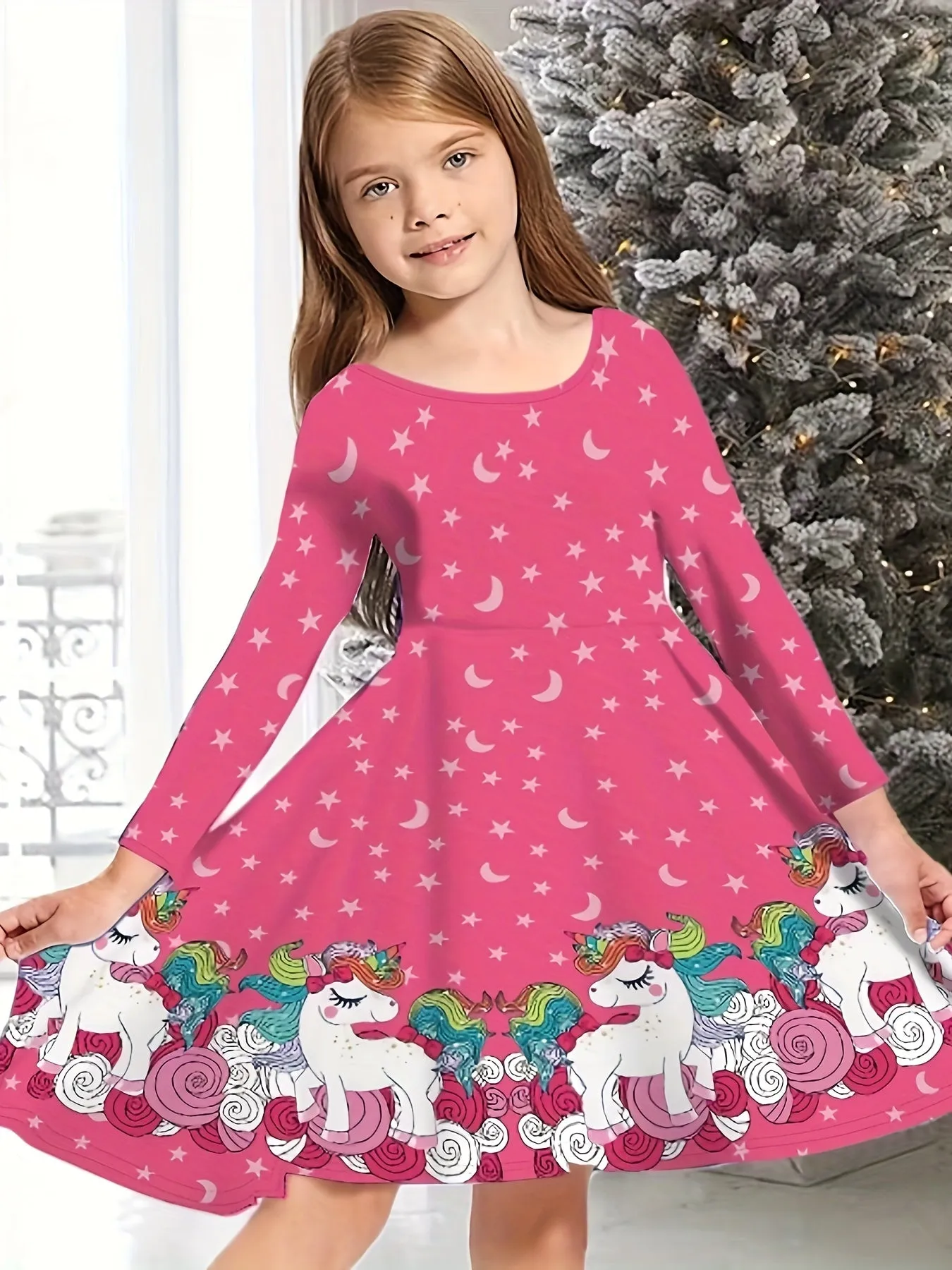 Kids Sweet Girls Christmas Tree Print Crew Neck Dress for Christmas Halloween Gift