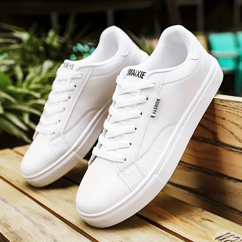 Men's Solid Color Skateboarding Shoes - Fashion Low Top Lace-up Sneakers with PU Upper, Breathable Fabric Lining, Cushioned EVA Insole, and Durable Rubber Sole for Spring/Summer, Fall - Versatile Round Toe Footwear for Casual Wear