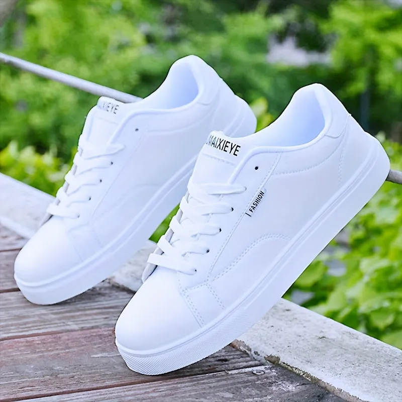 Men's Solid Color Skateboarding Shoes - Fashion Low Top Lace-up Sneakers with PU Upper, Breathable Fabric Lining, Cushioned EVA Insole, and Durable Rubber Sole for Spring/Summer, Fall - Versatile Round Toe Footwear for Casual Wear