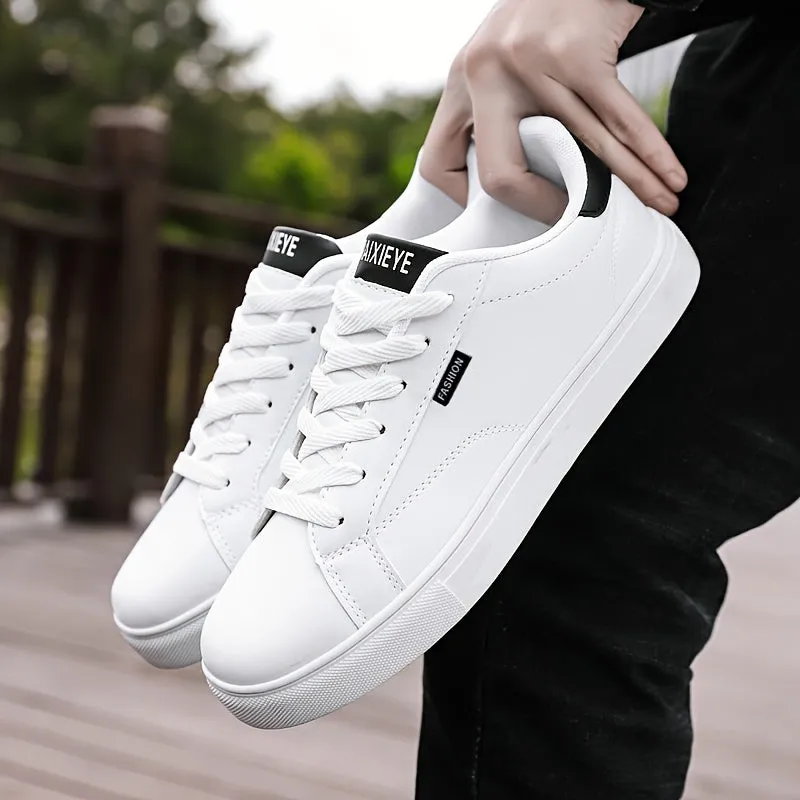 Men's Solid Color Skateboarding Shoes - Fashion Low Top Lace-up Sneakers with PU Upper, Breathable Fabric Lining, Cushioned EVA Insole, and Durable Rubber Sole for Spring/Summer, Fall - Versatile Round Toe Footwear for Casual Wear