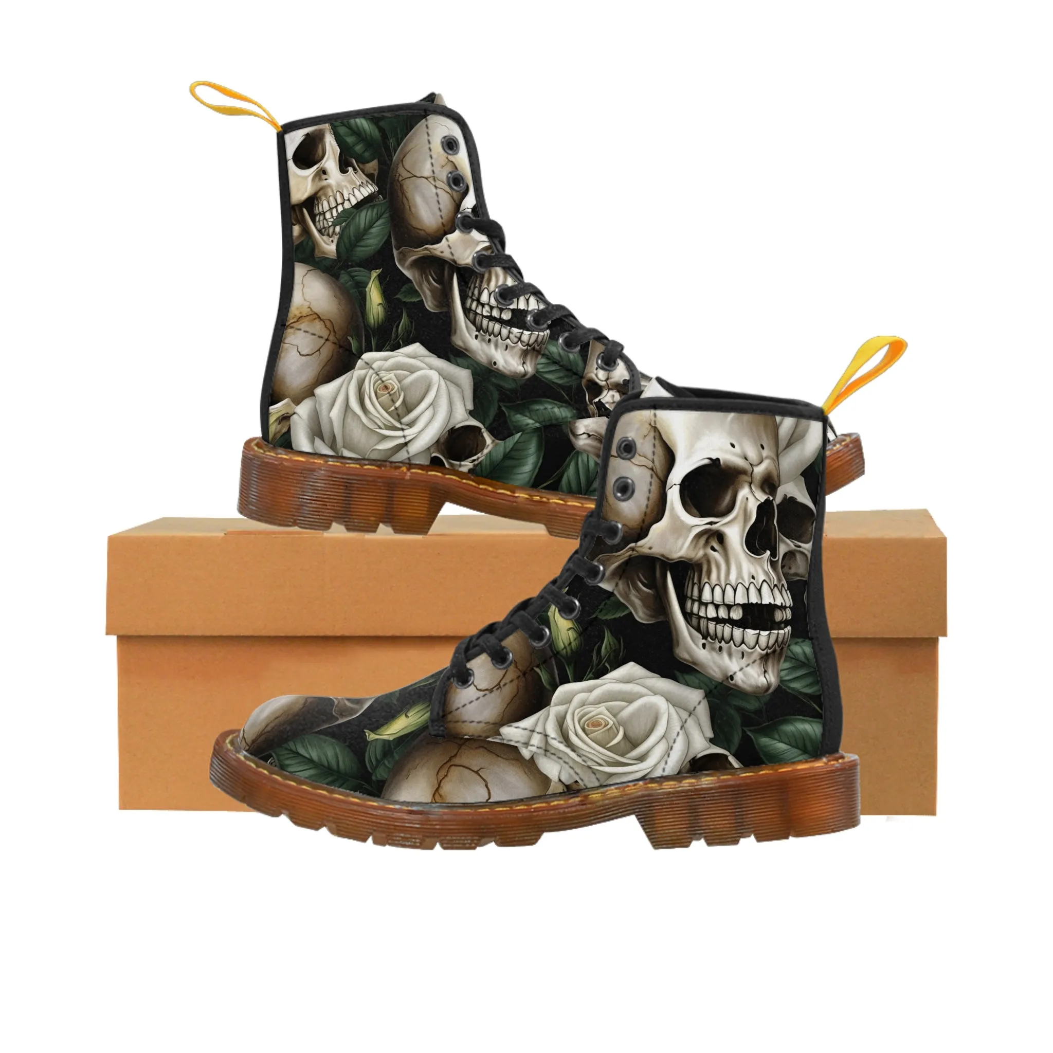 No 2 Gothic Skull and White Roses Canvas Boots AOP