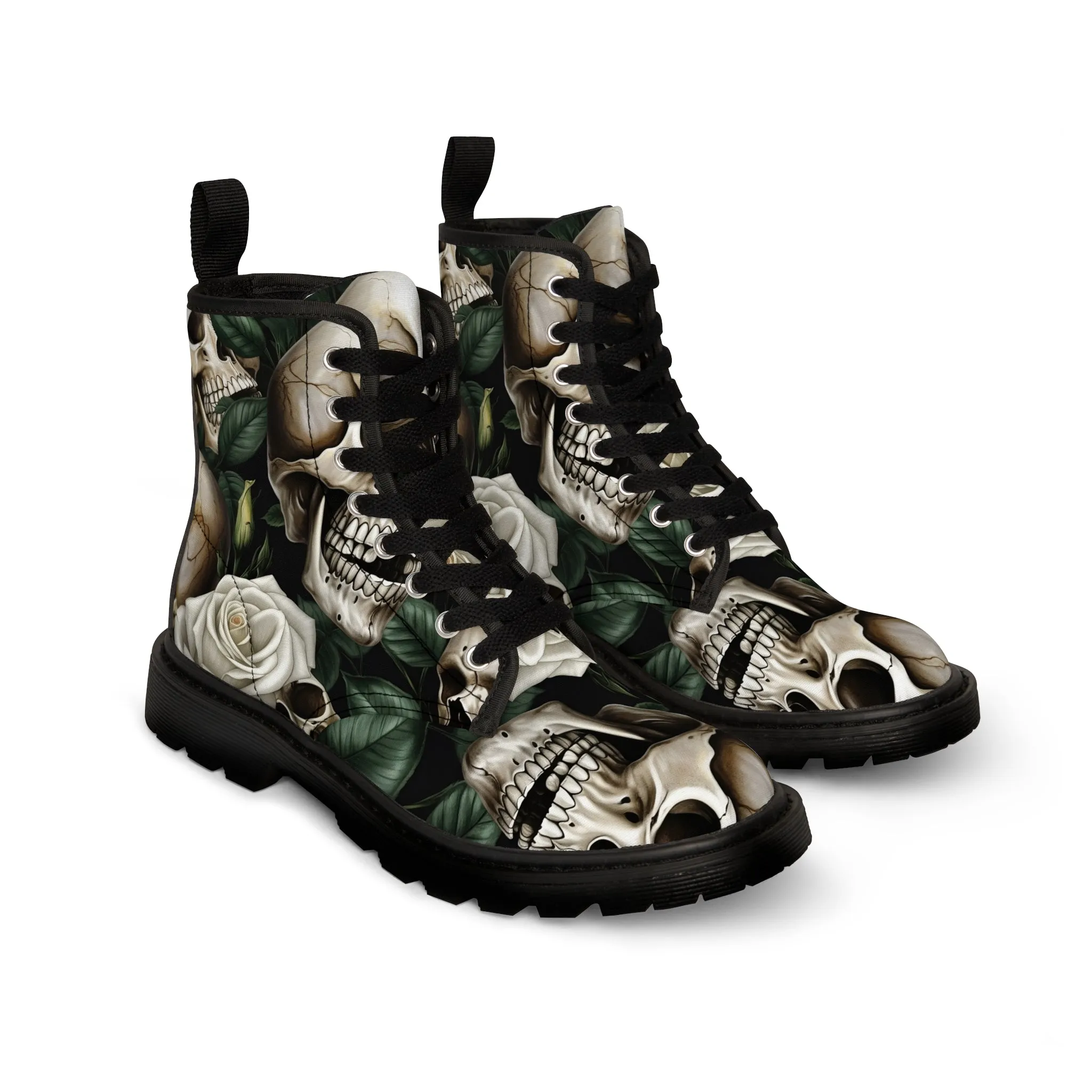 No 2 Gothic Skull and White Roses Canvas Boots AOP