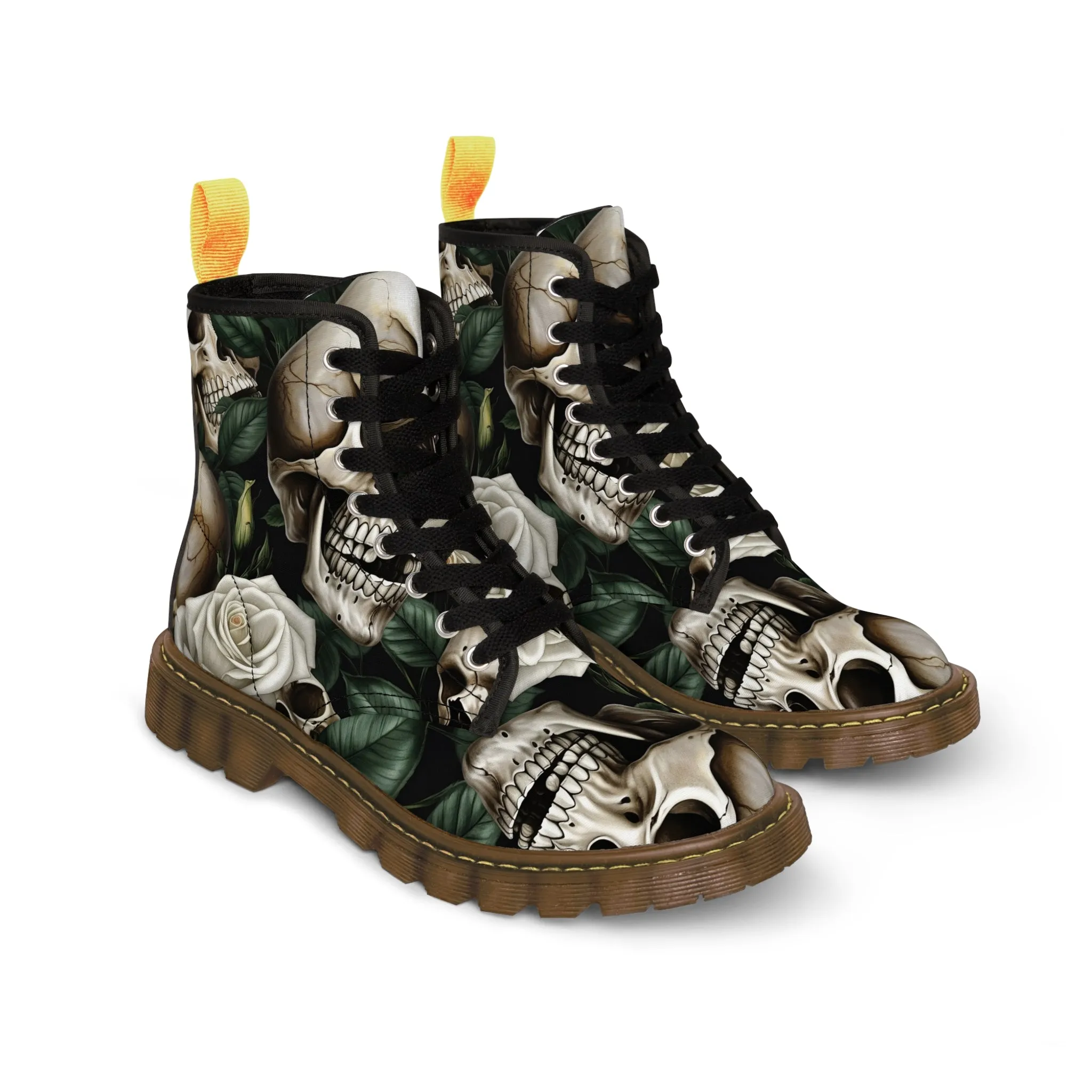 No 2 Gothic Skull and White Roses Canvas Boots AOP