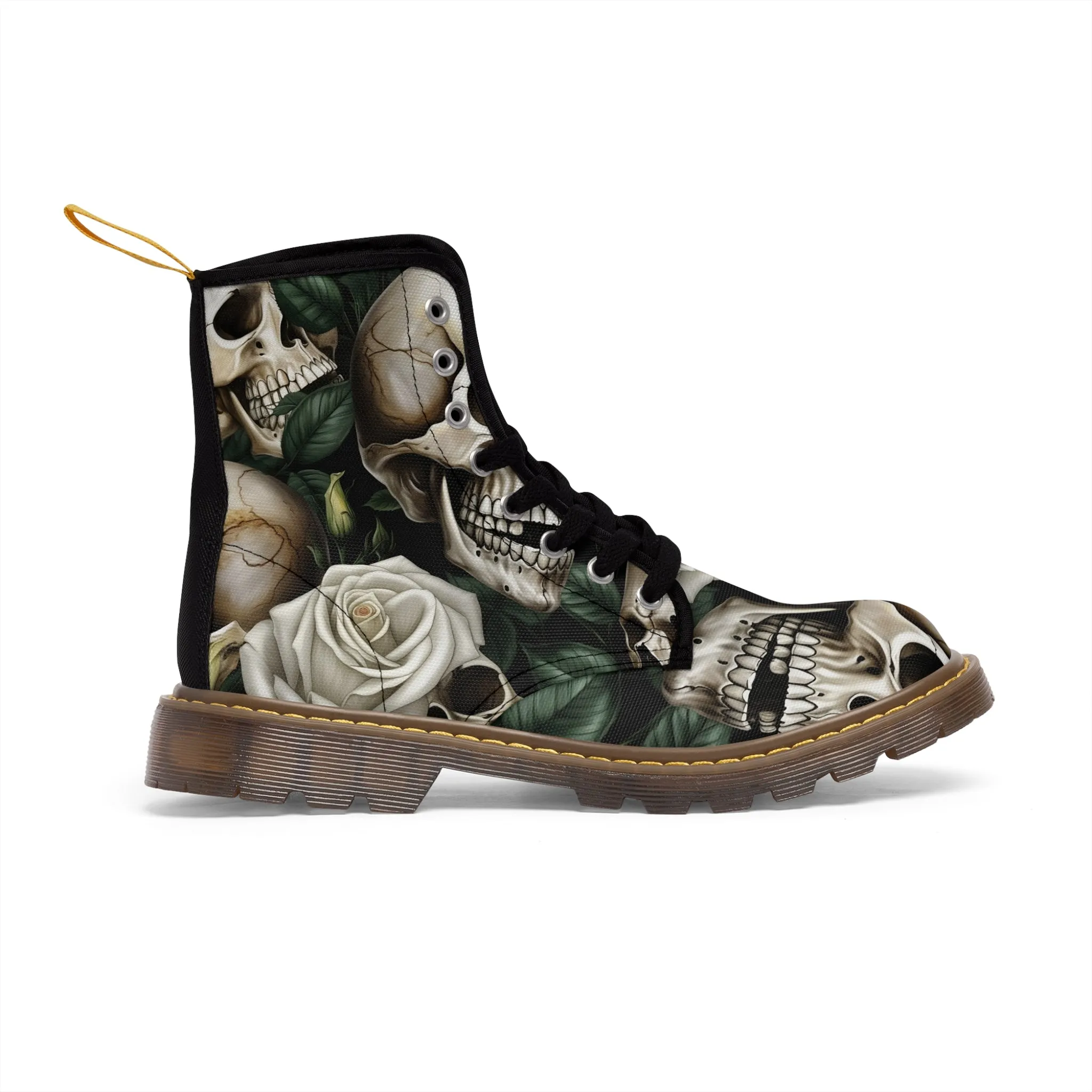 No 2 Gothic Skull and White Roses Canvas Boots AOP