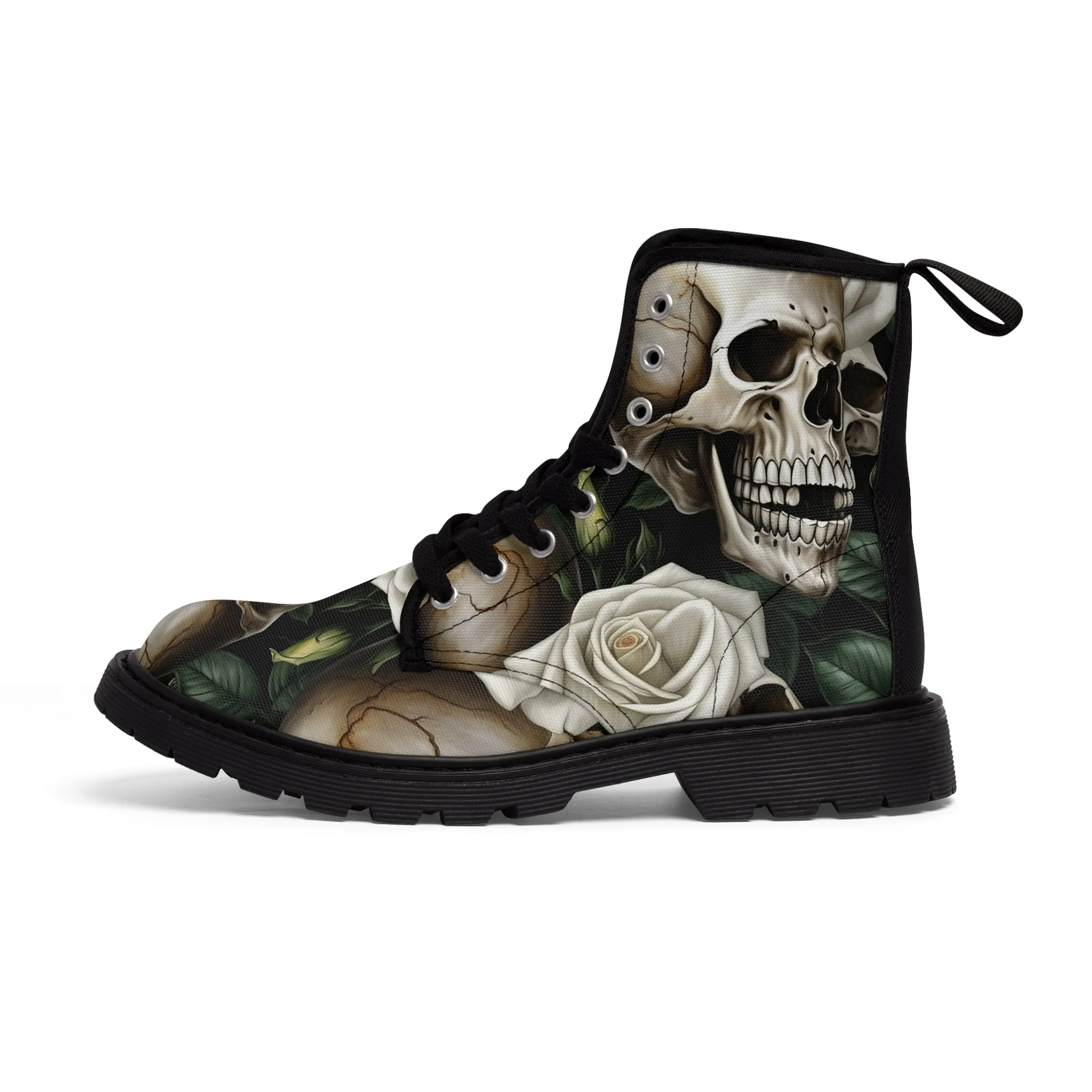 No 2 Gothic Skull and White Roses Canvas Boots AOP